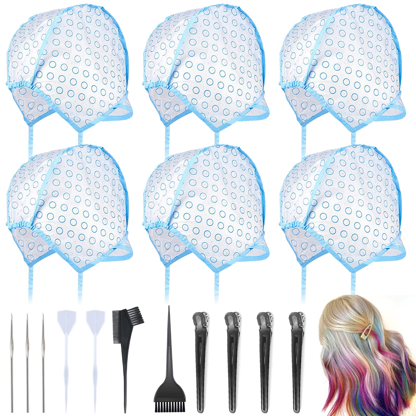 17 Pcs Professional Hair Highlighting Kit - Includes 6 Disposable Frosting Caps, 3 Iron Crochet Hooks, 2 Plastic Hooks, 2 Dye Brushes, 4 Hair Clips - Perfect for Salon & Home Hair Coloring