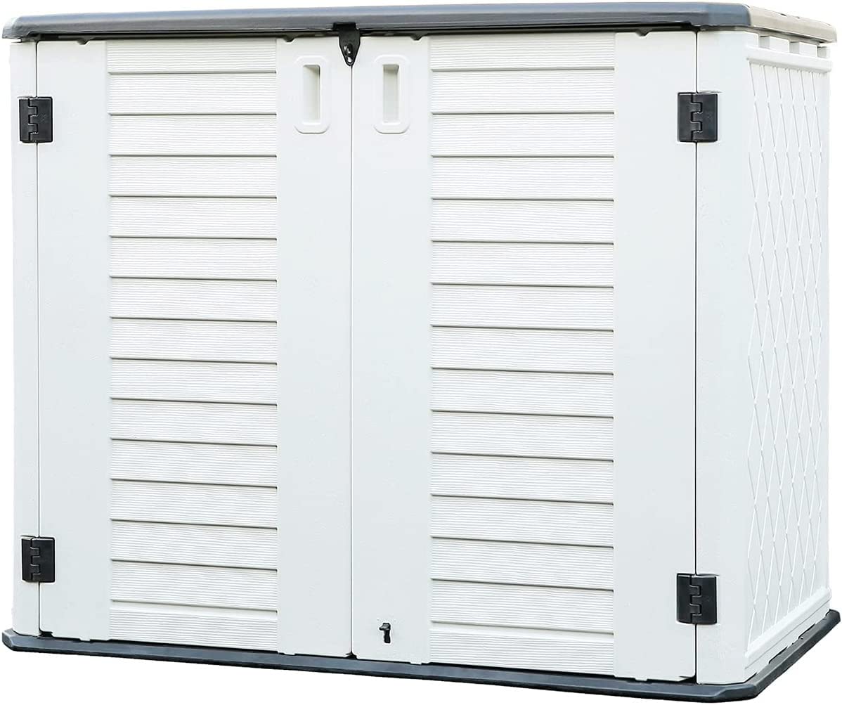 KINYING 26 Cubic Feet Outdoor Storage Shed - Waterproof Horizontal Garden Storage Box with Multi-Opening Doors for Patio, Backyard - Perfect for Storing Bikes, Garbage Cans, Lawn Mowers & Tools (Off-White) | Ideal for Outdoor Organization & Space Saving