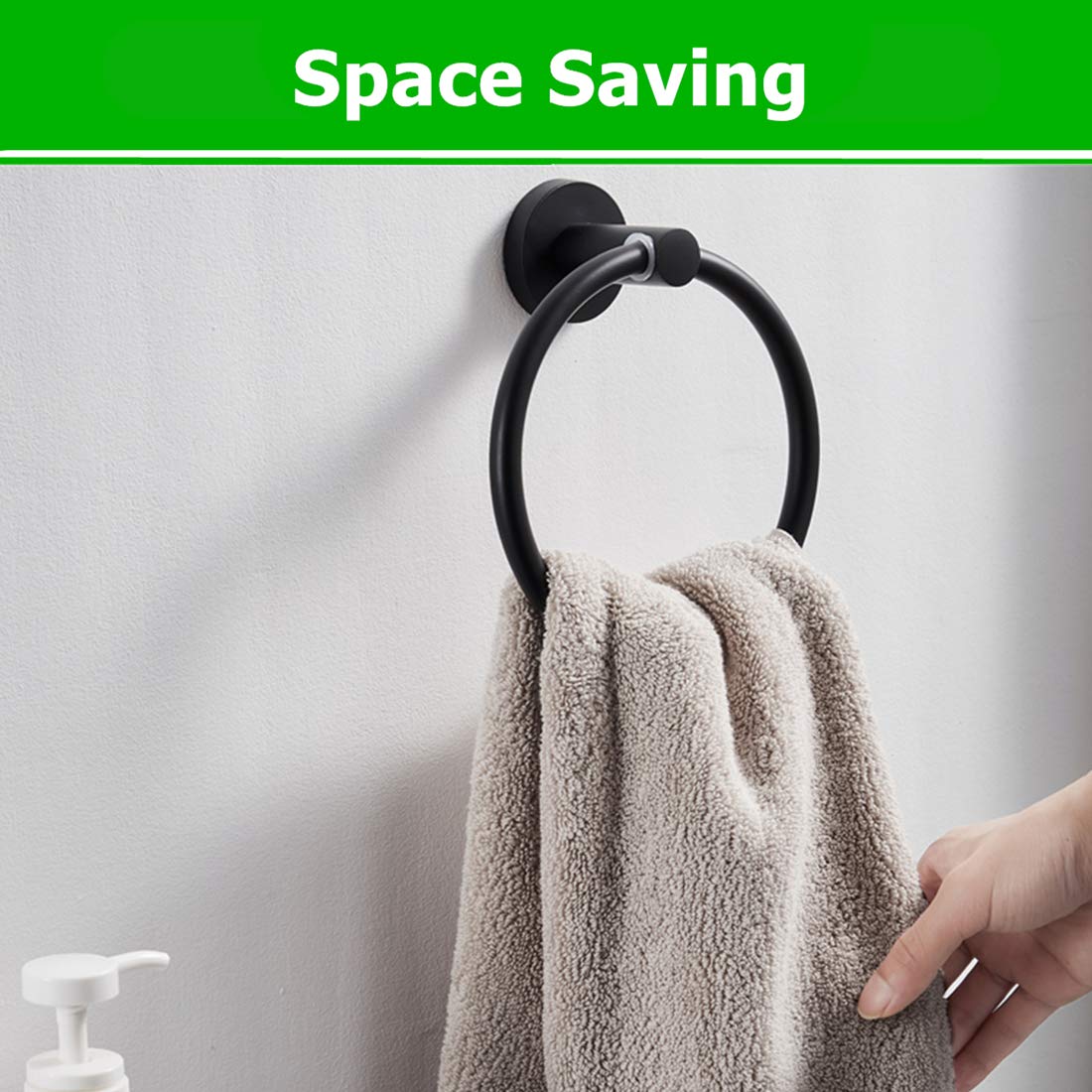 Stainless Steel Towel Ring Holder - Polished 304 Rustproof Wall Mounted Bathroom & Kitchen Accessory - Black Round Towel Hanger for Hand/Tea Towels - Perfect for Modern Homes, Hotels & Spa Decor
