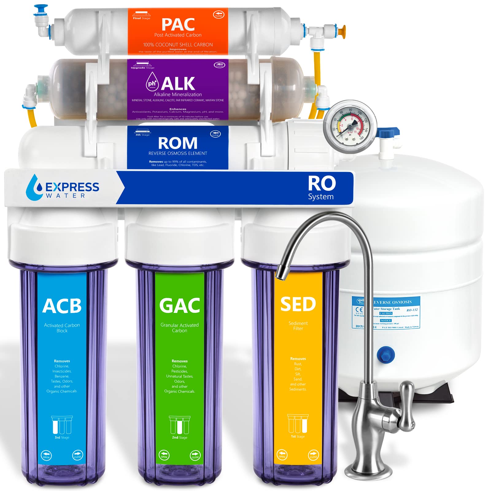Express Water ROALK10DCG 10-Stage Reverse Osmosis Alkaline Water Filtration System with Faucet & Tank - Under Sink Water Filter for Essential Minerals - 100 GPD - Perfect for Home, Office & Kitchen Drinking Water