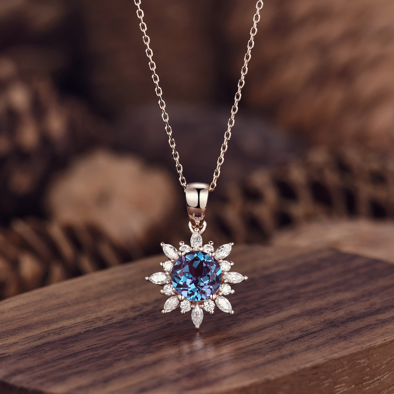 14K Rose Gold Round Alexandrite & Moissanite Flower Pendant Necklace - June Birthstone Jewelry for Women, Elegant Gift for Anniversary, Birthday & Special Occasions