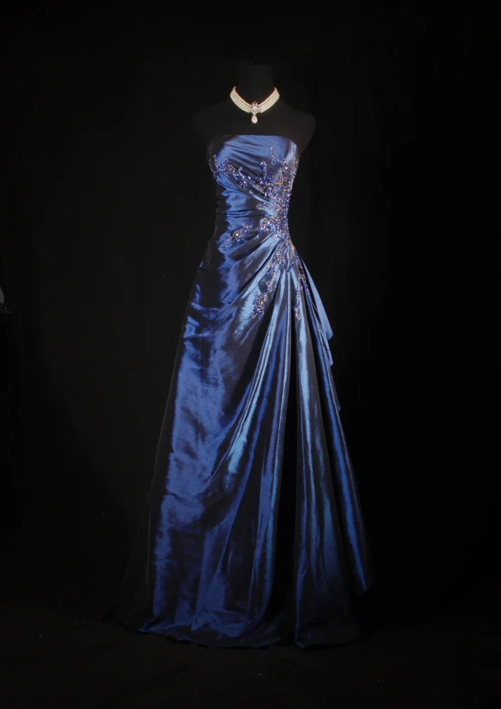 Elegant Navy Blue Strapless Ball Gown - Satin Long Prom Dress with Beaded Details (Style J6746) | Perfect for Homecoming, Formal Dances & Special Occasions