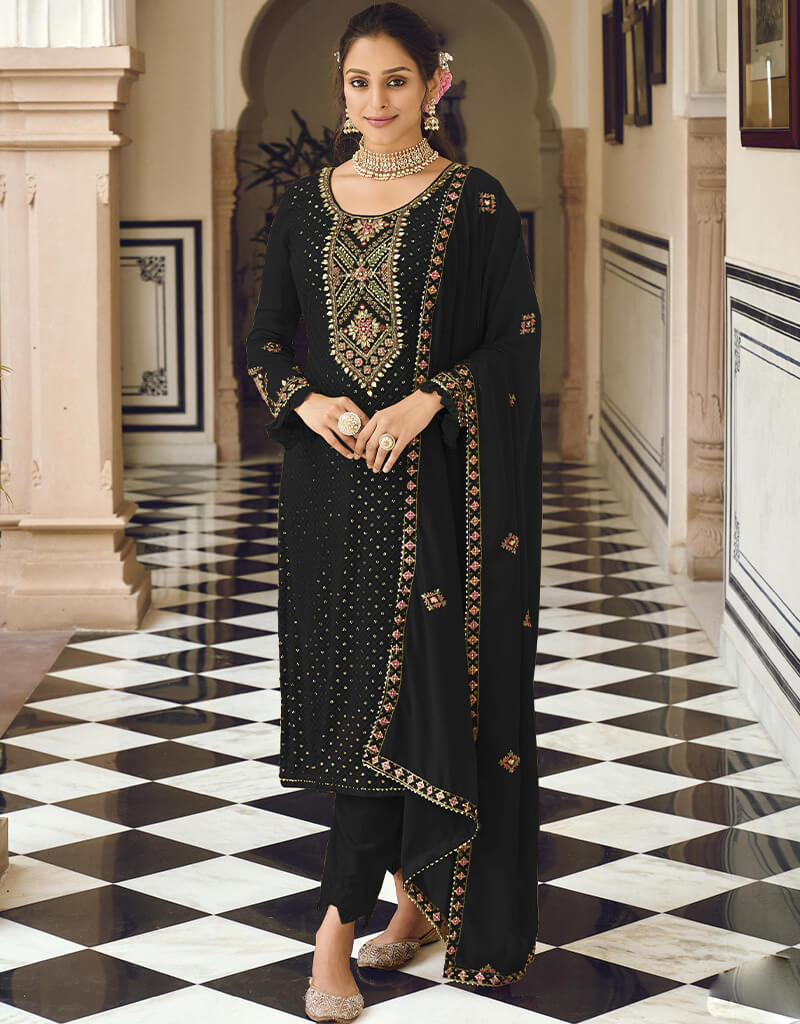 Elegant Black Faux Georgette Salwar Kameez Pant Set - Traditional Indian Ethnic Wear for Women - Perfect for Weddings, Festivals & Special Occasions