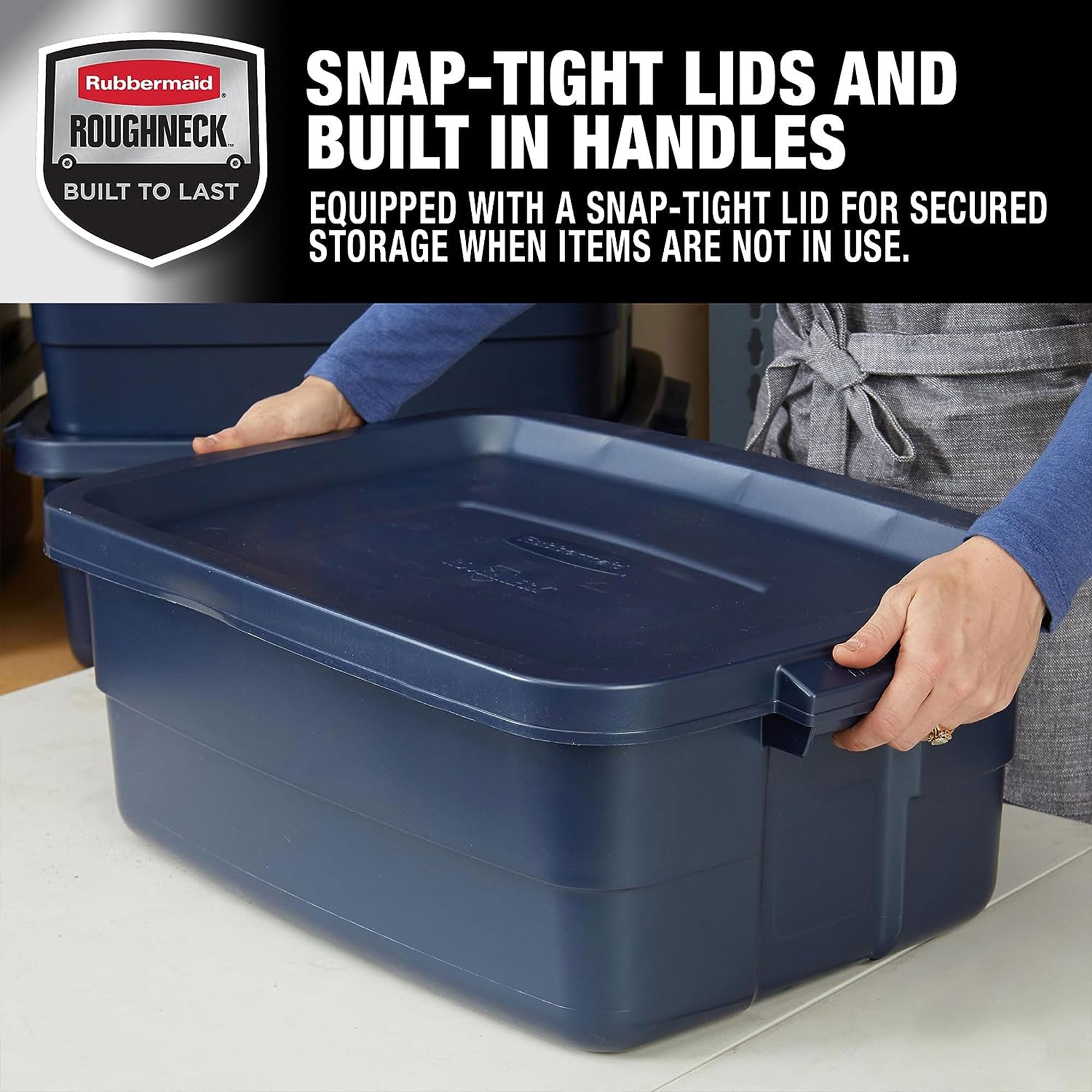 Rubbermaid Roughneck 10 Gallon Storage Totes - Heavy Duty Stackable Plastic Bins with Secure Lids for Home, Garage & Office Organization - Dark Indigo Metallic - Perfect for Seasonal Decor, Toys & Household Storage