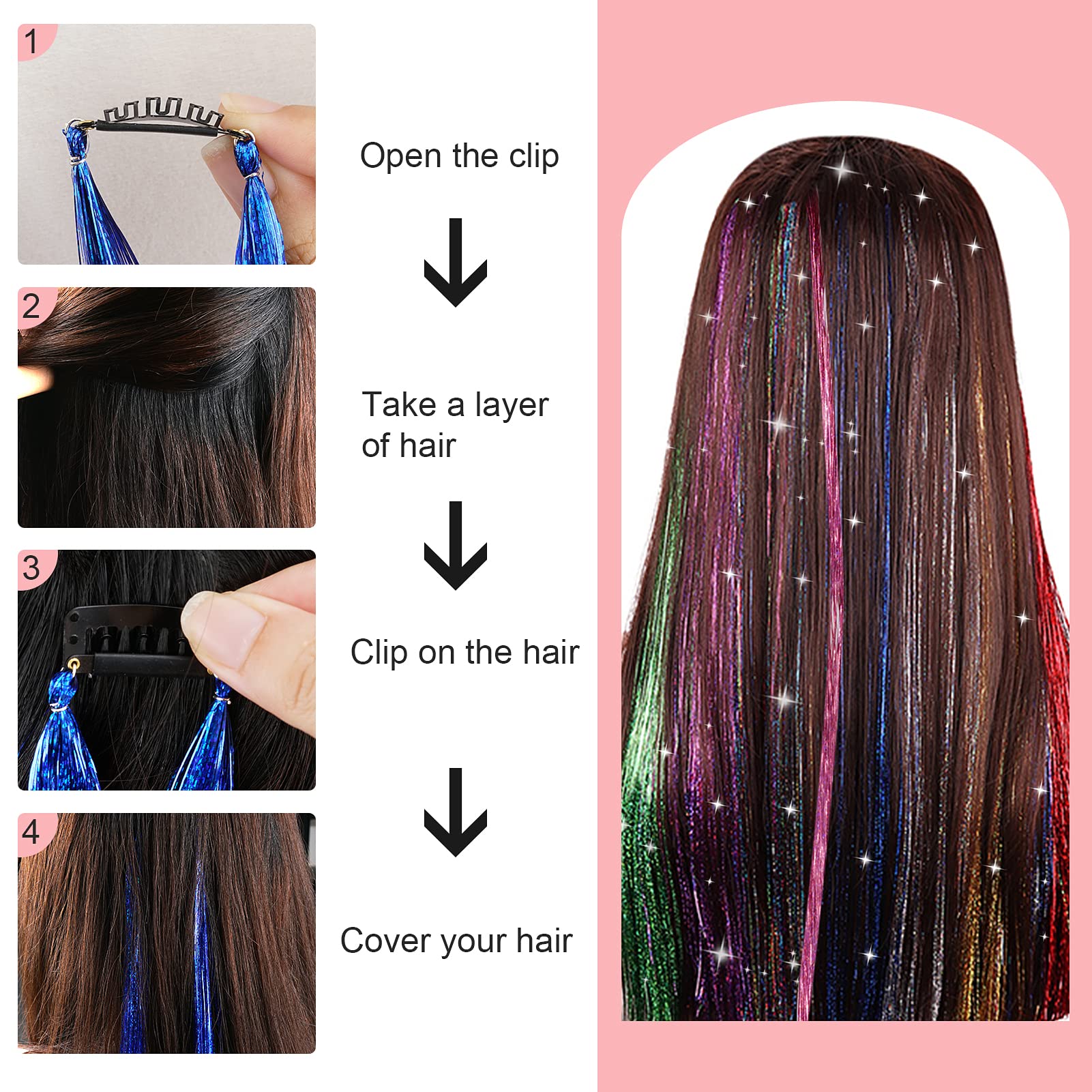 Sparkly Glitter Hair Extensions Kit - 23 Inch Heat Resistant Fairy Hair Tinsel with 10 Color Options | Clip-In Hair Accessories for Girls, Parties, Cosplay & Festivals