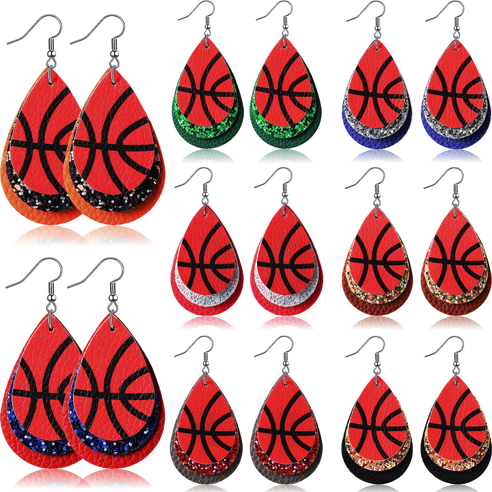8 Pairs Baseball Leather Earrings for Women - Sporty Teardrop Faux Leather Dangle Earrings - Soccer Basketball Softball Football Jewelry - 3 Layer Glitter Drop Earrings for Mom - Perfect for Game Day, Sports Parties & Casual Wear
