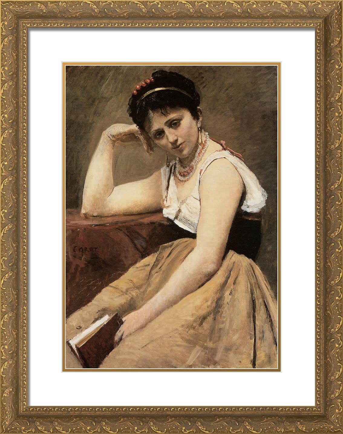 Camille Corot 'Interrupted Reading' 19x24 Gold Ornate Framed Art Print with Double Matting - Classic French Oil Painting Reproduction for Living Room, Bedroom & Office Decor