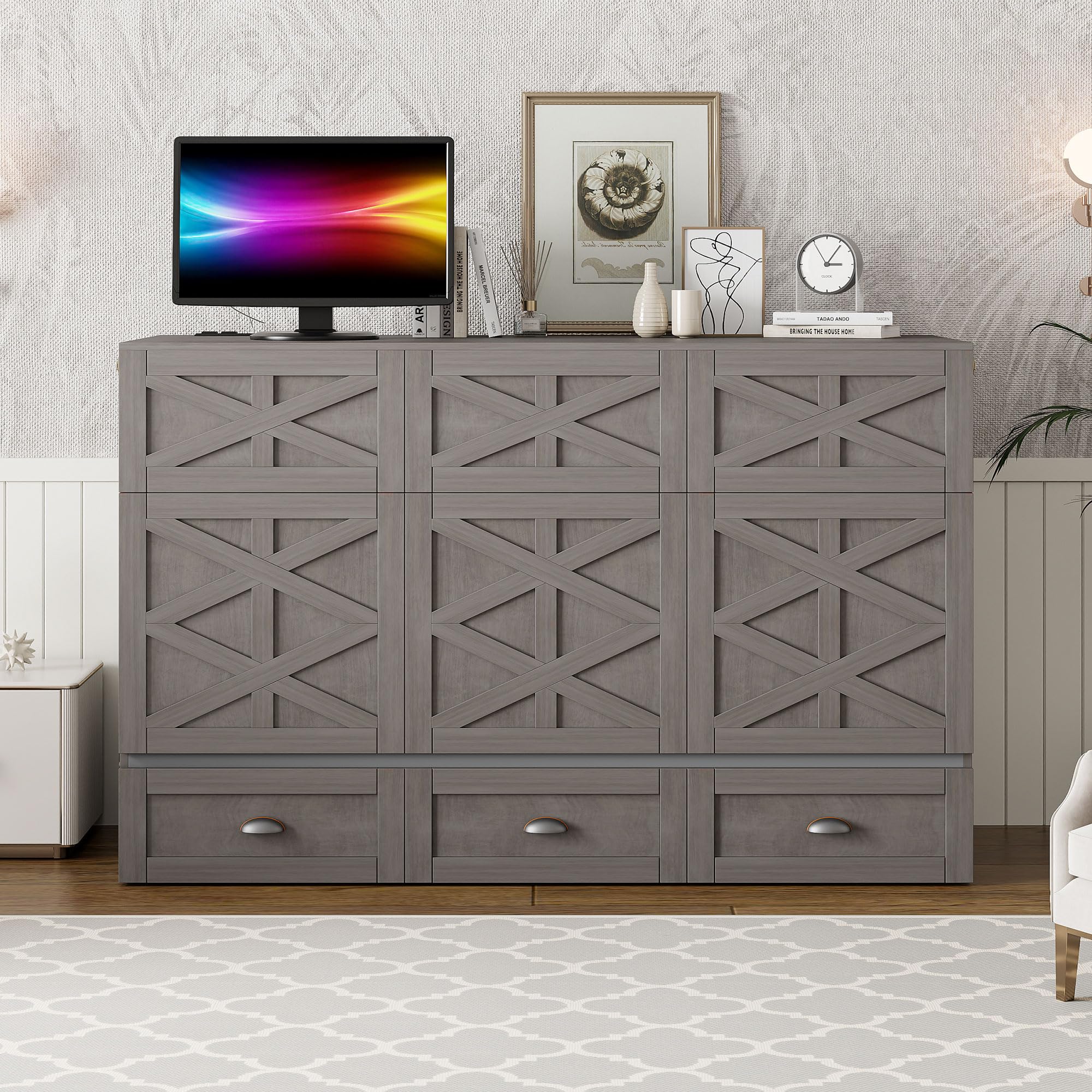 Queen Size Murphy Bed with Storage Drawers & USB Charging Station - Space Saving Wall Bed Cabinet for Home Office, Guest Room & Small Apartments - Brushed Gray Finish - Easy Pull Down Mechanism for Comfortable Sleeping