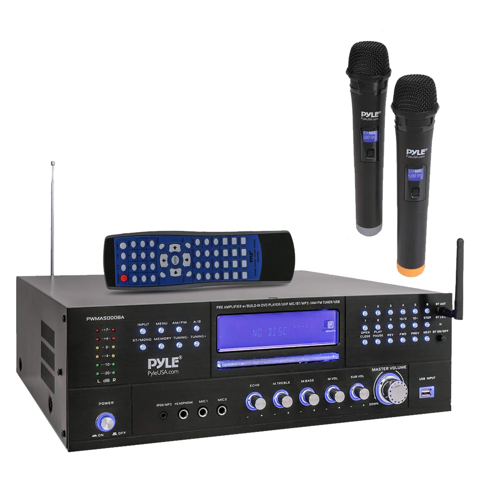 Pyle 3000W Bluetooth USB Home Theater Preamp AM/FM Stereo Receiver System with 2 Wireless Microphones - Bundle with 4x 3.5
