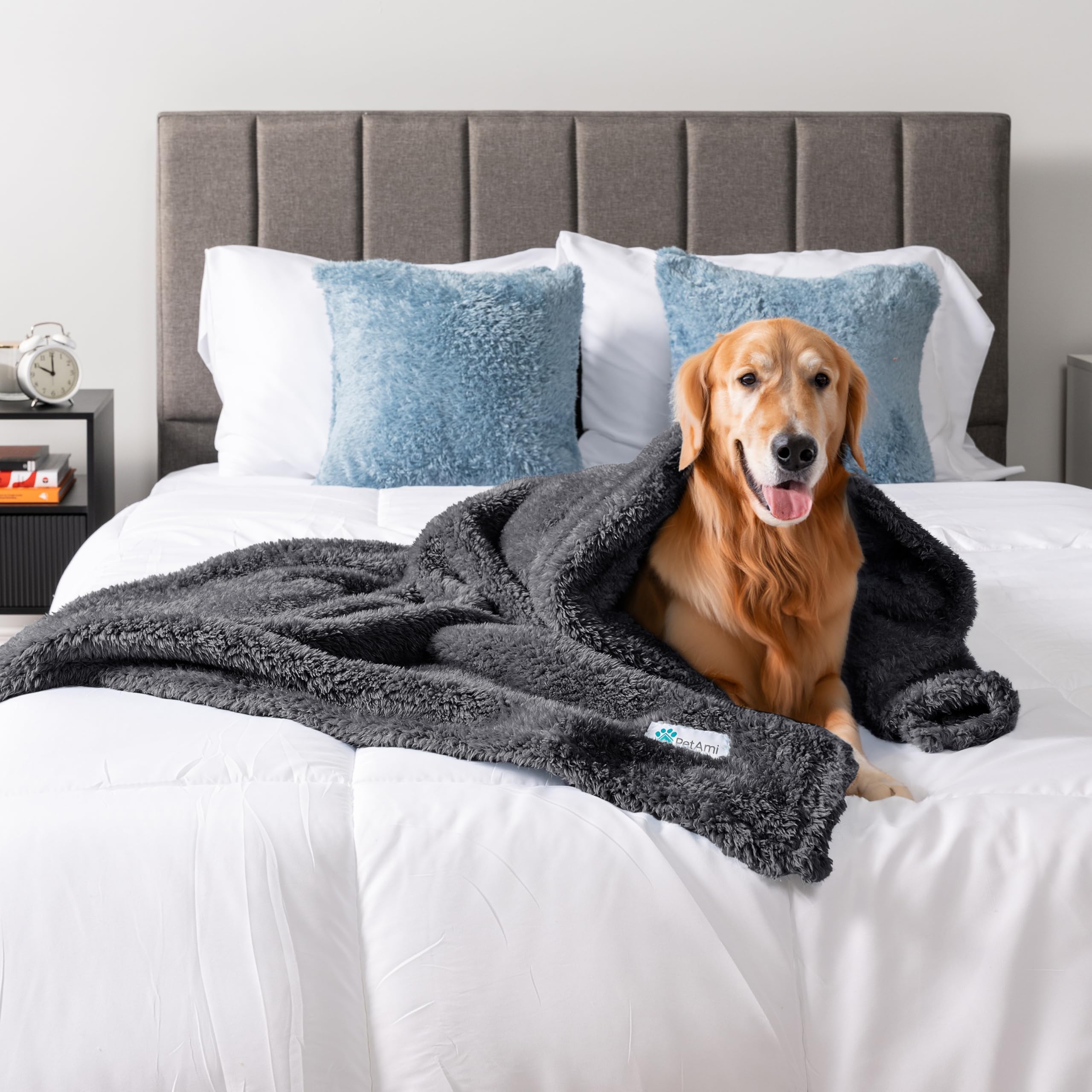 PetAmi Waterproof Dog Blanket - Soft Fleece Throw for Large Dogs & Cats | Cozy Sherpa Sofa Protector for Home & Travel (Grey, 60x80)