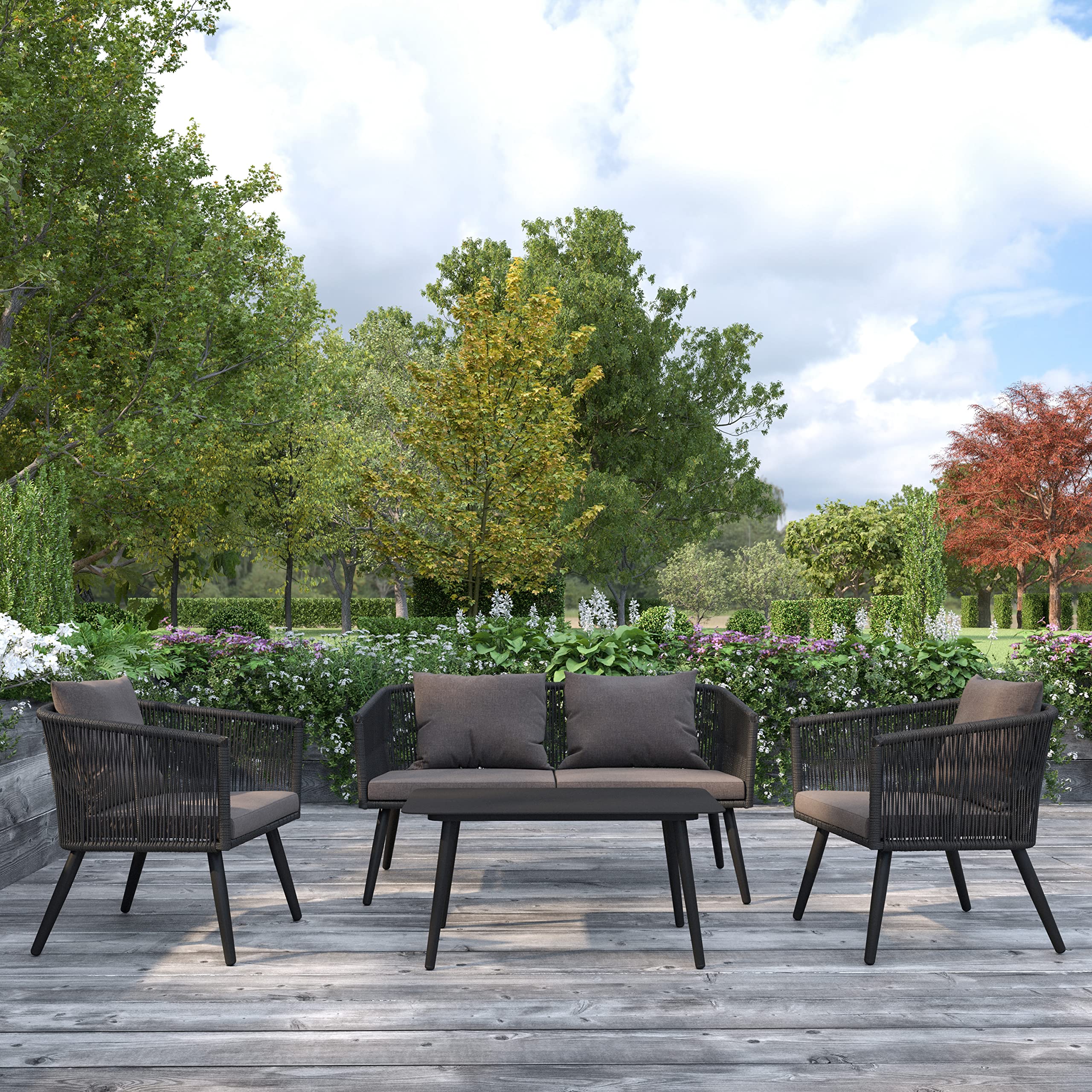 Merrick Lane Magnolia 4-Piece Outdoor Furniture Set - Black Woven Aluminum Loveseat, 2 Chairs & Coffee Table with Gray Cushions - Perfect for Patio, Garden & Backyard Relaxation