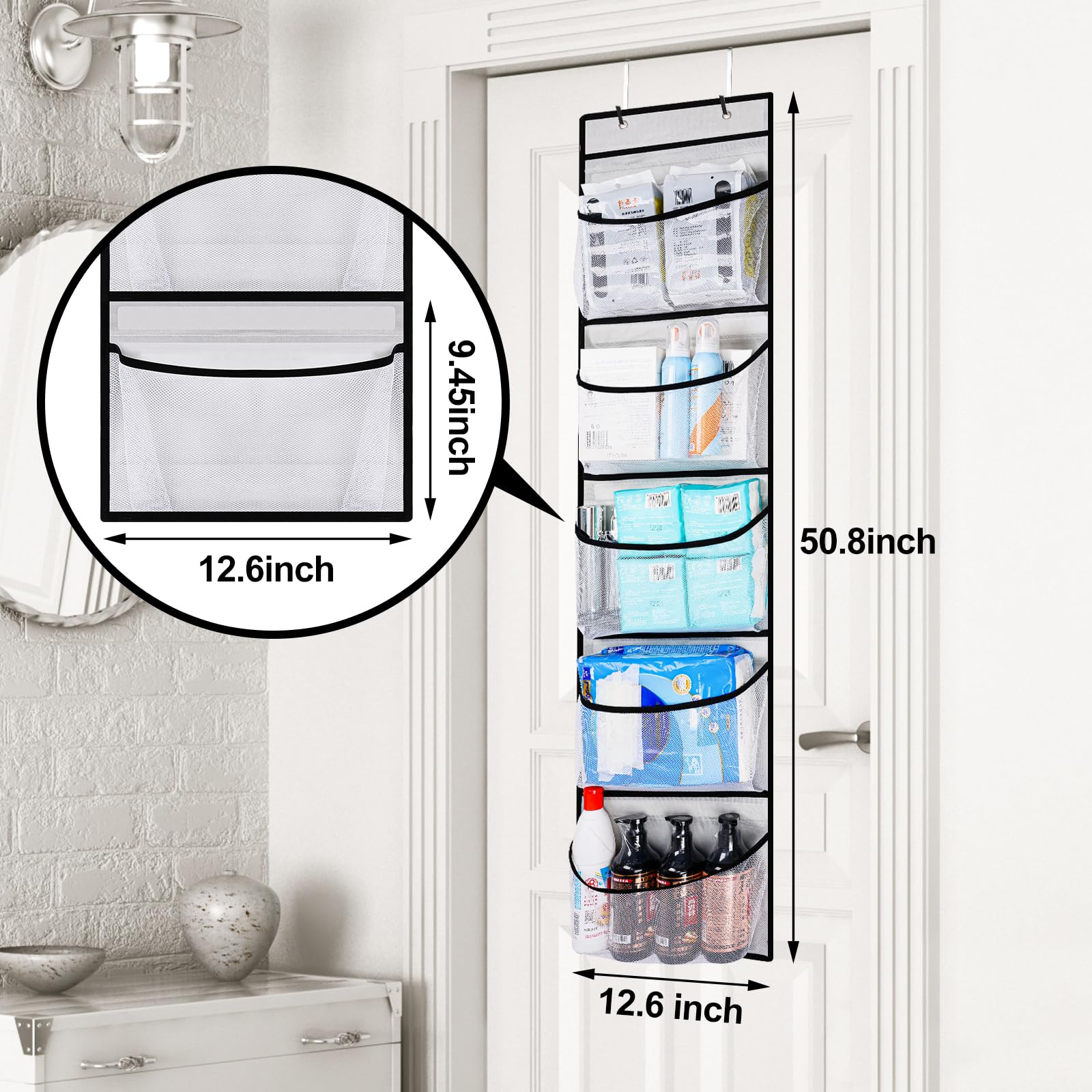 Over the Door Hanging Shelves with 5 Mesh Pockets - 2 Pack Closet Organizer for Bathroom, Bedroom & Closet Storage - Perfect for Weekly Clothes Organization & Space Saving