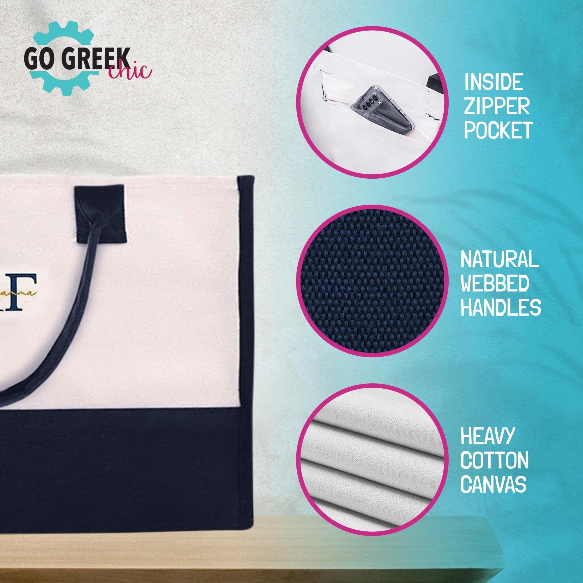 Go Greek Chic Embroidered Cotton Tote Bag - Stylish & Durable Handbag for Women, Perfect for Shopping, Beach & Daily Use