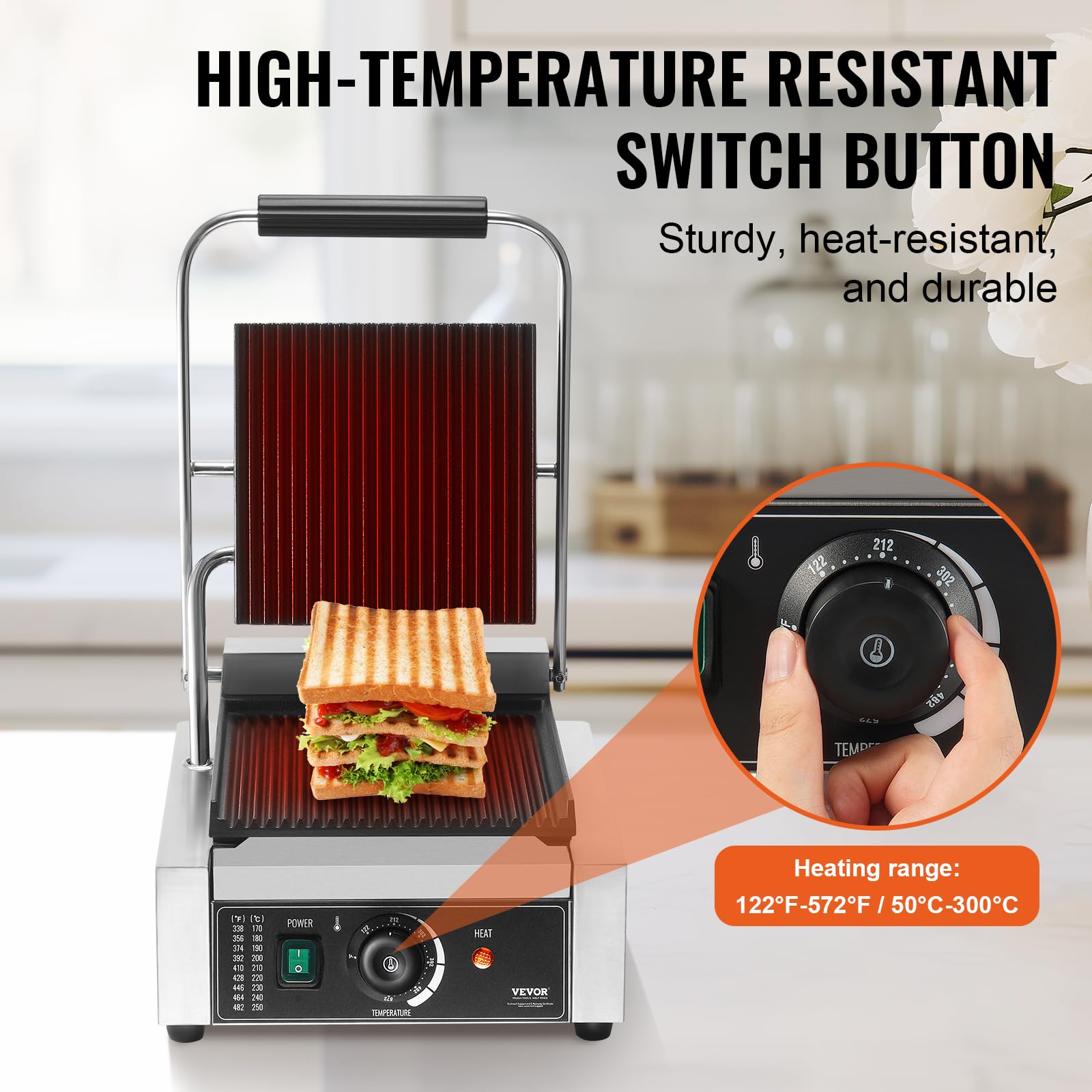 VEVOR 1800W Commercial Panini Grill Press - Electric Sandwich Maker with Stainless Steel Body, Temperature Control & 9