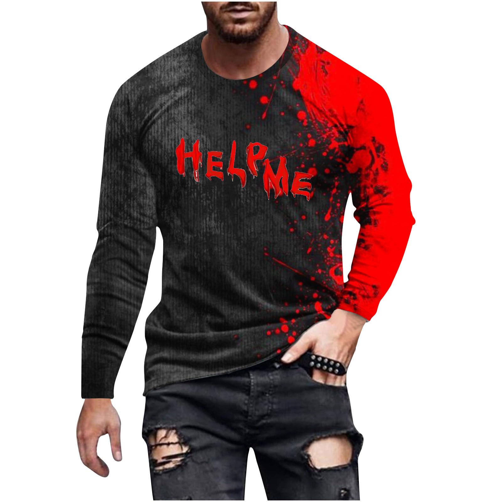 Men's Halloween Bloody Graphic T-Shirt - Long Sleeve Horror Novelty Tee for Streetwear & Costume Parties | Scary Halloween Outfit for Trick or Treat, Horror Movie Nights & Cosplay Events