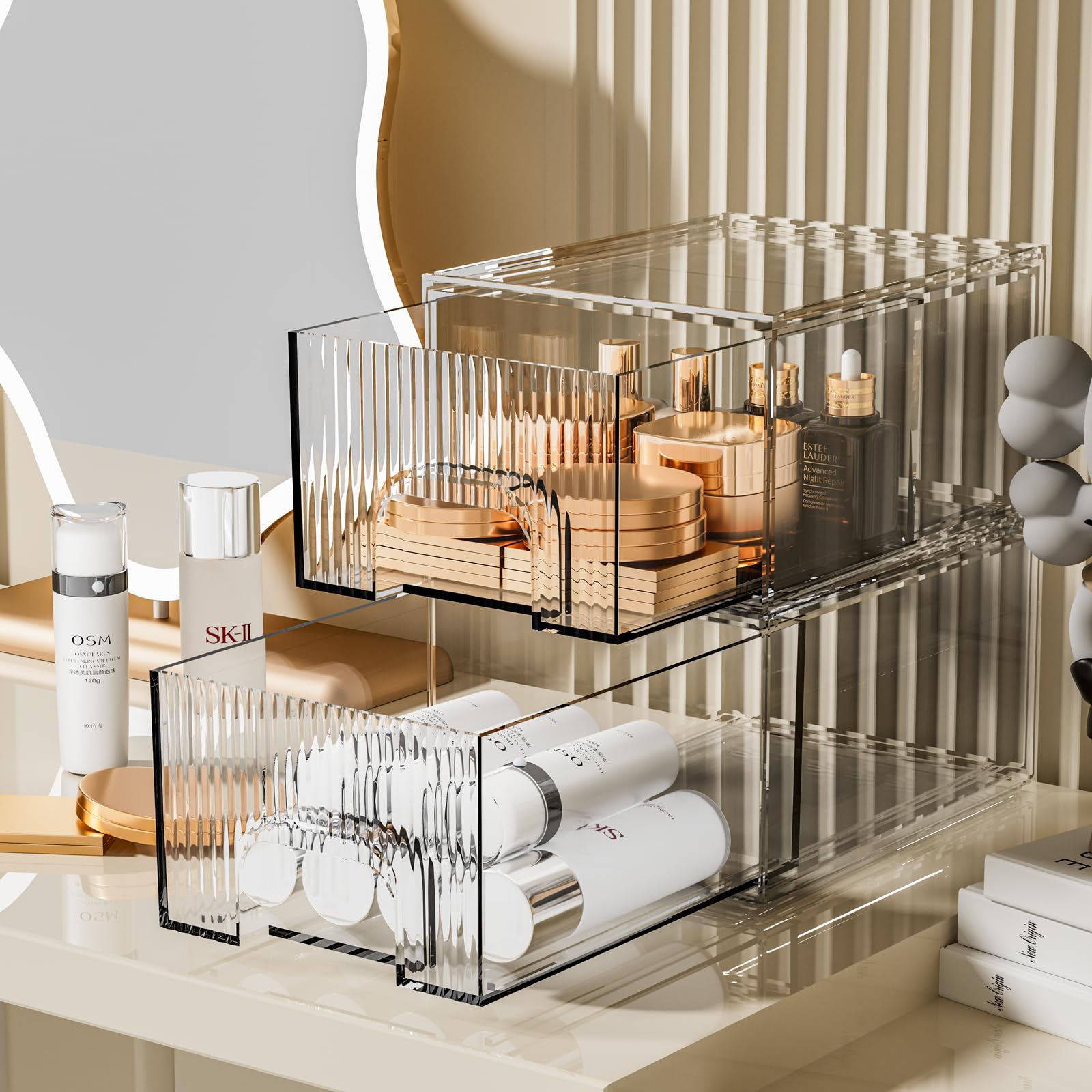 2 Pack Striped Stackable Acrylic Storage Drawers - 4 Inch Height Makeup Organizer for Vanity, Bathroom & Kitchen - Under Sink Plastic Drawer Storage - Perfect for Home Organization & Small Space Storage Solutions
