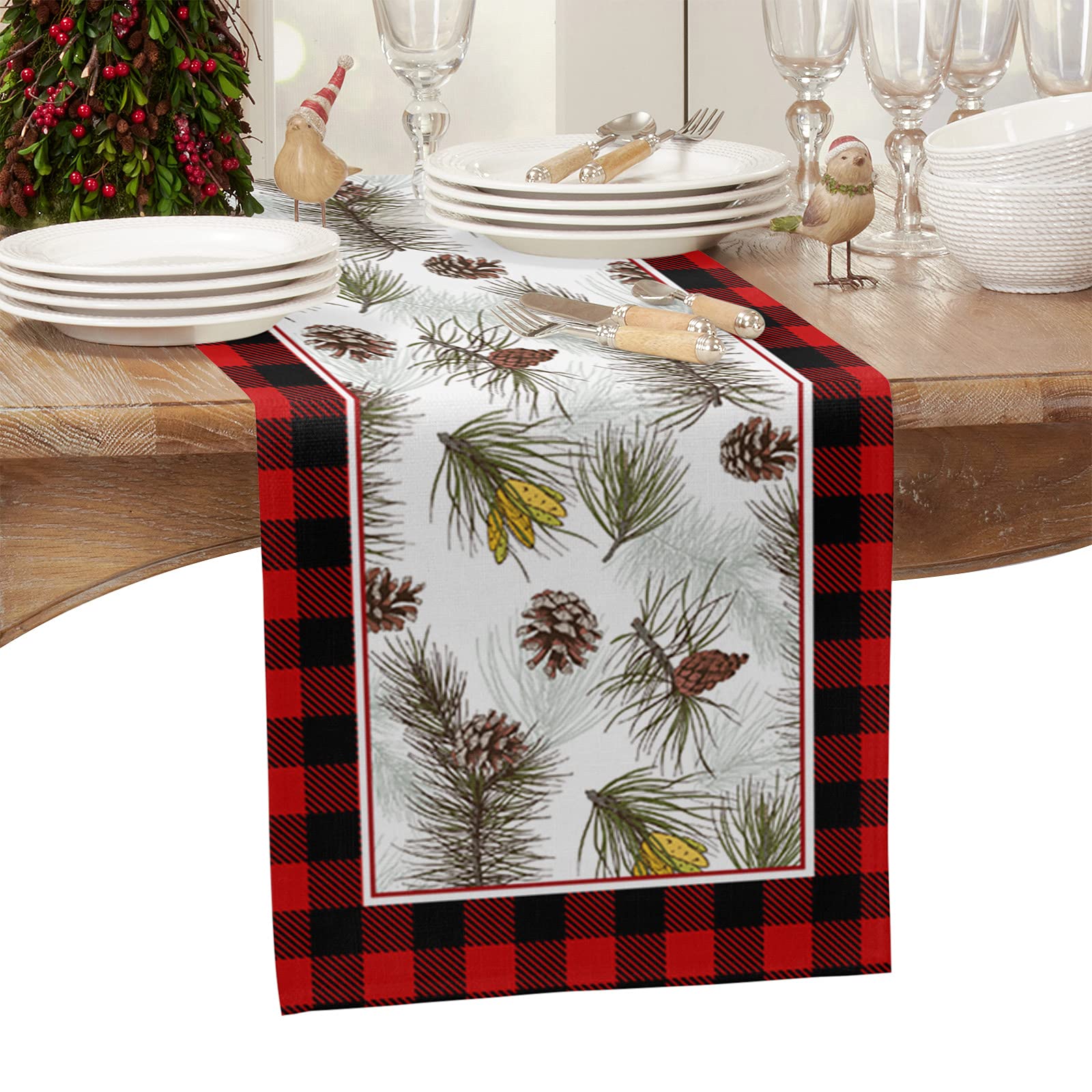 Christmas Cotton Linen Table Runner - Buffalo Plaid Pine Tree Design Holiday Decor for Dining Table, Kitchen, Farmhouse - 13x70 Inch (Perfect for Christmas Dinner, Party Decorations & Festive Home Styling)