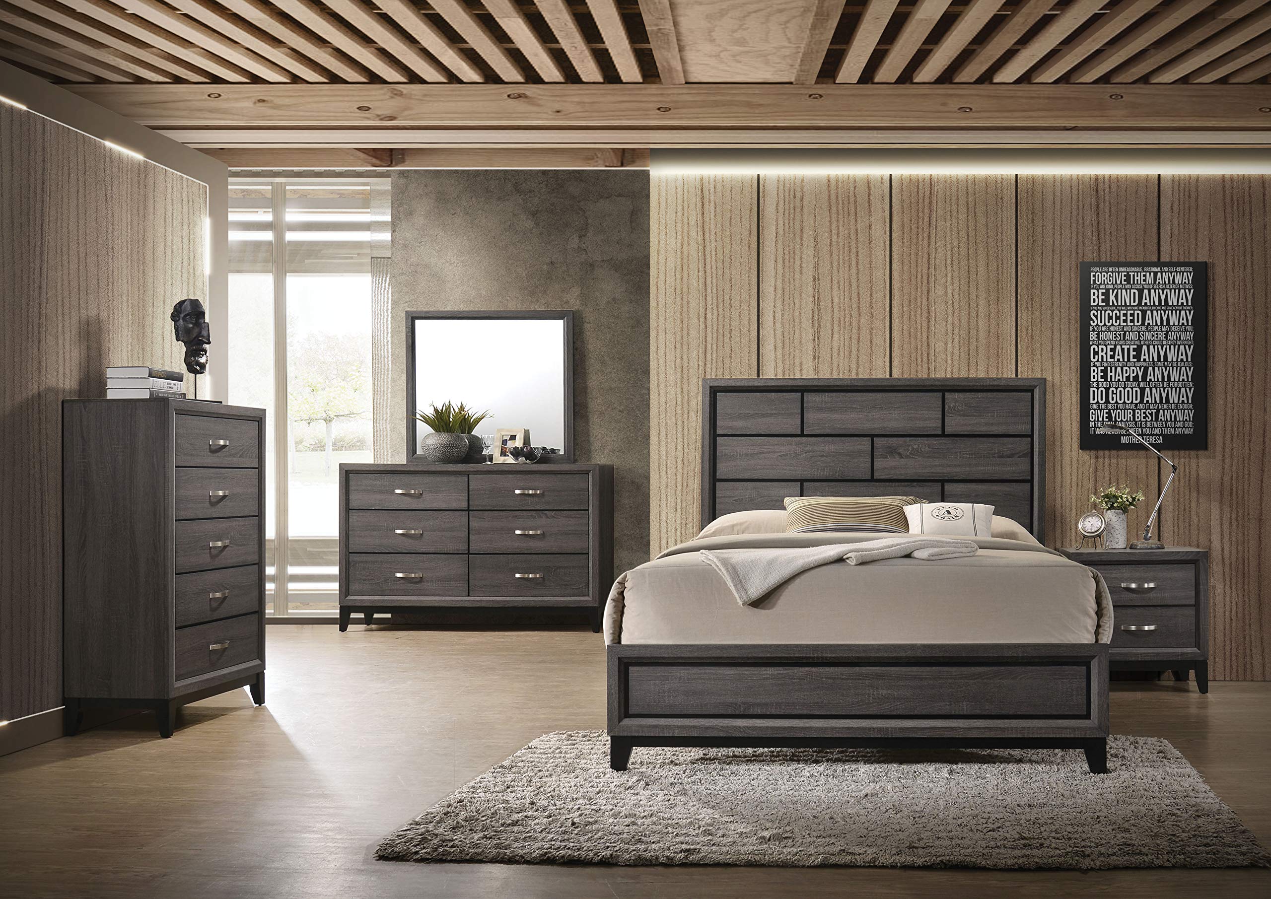 Benzara BM196932 Transitional Style Wooden Queen Size Bed with Brick Elements Panel Headboard in Gray - Perfect for Modern Farmhouse, Industrial Loft & Urban Bedroom Decor