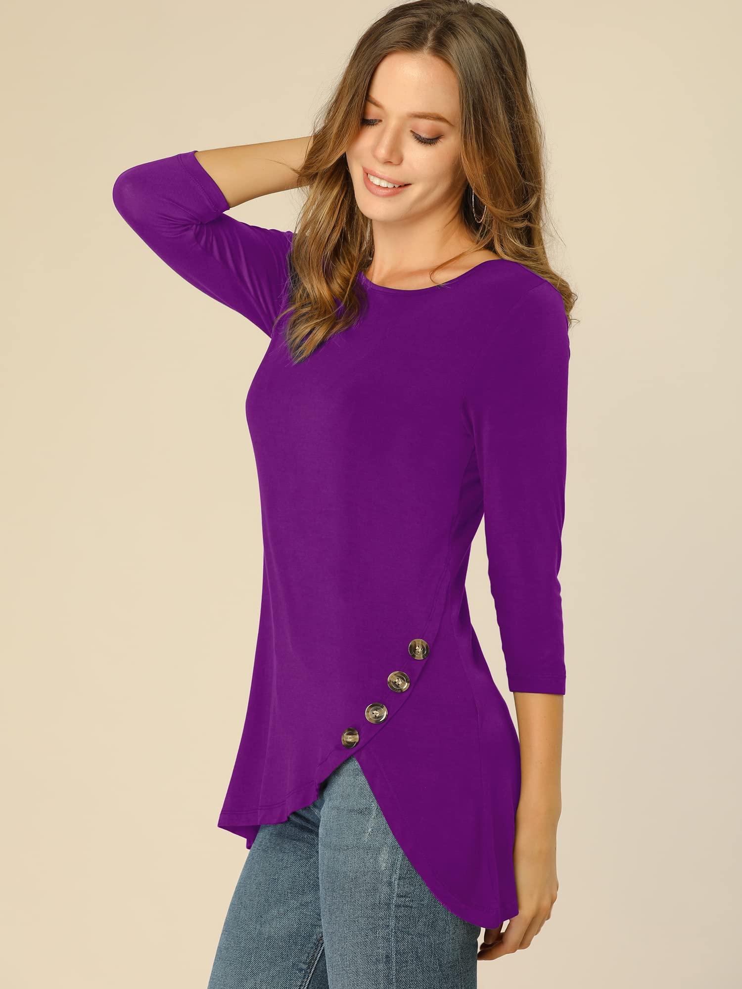 Allegra K Women's Loose Fit Asymmetrical Hem Tunic T-Shirt - 3/4 Sleeve Round Neck Casual Top for Spring 2025 | Perfect for Work, Weekend Outings & Layering