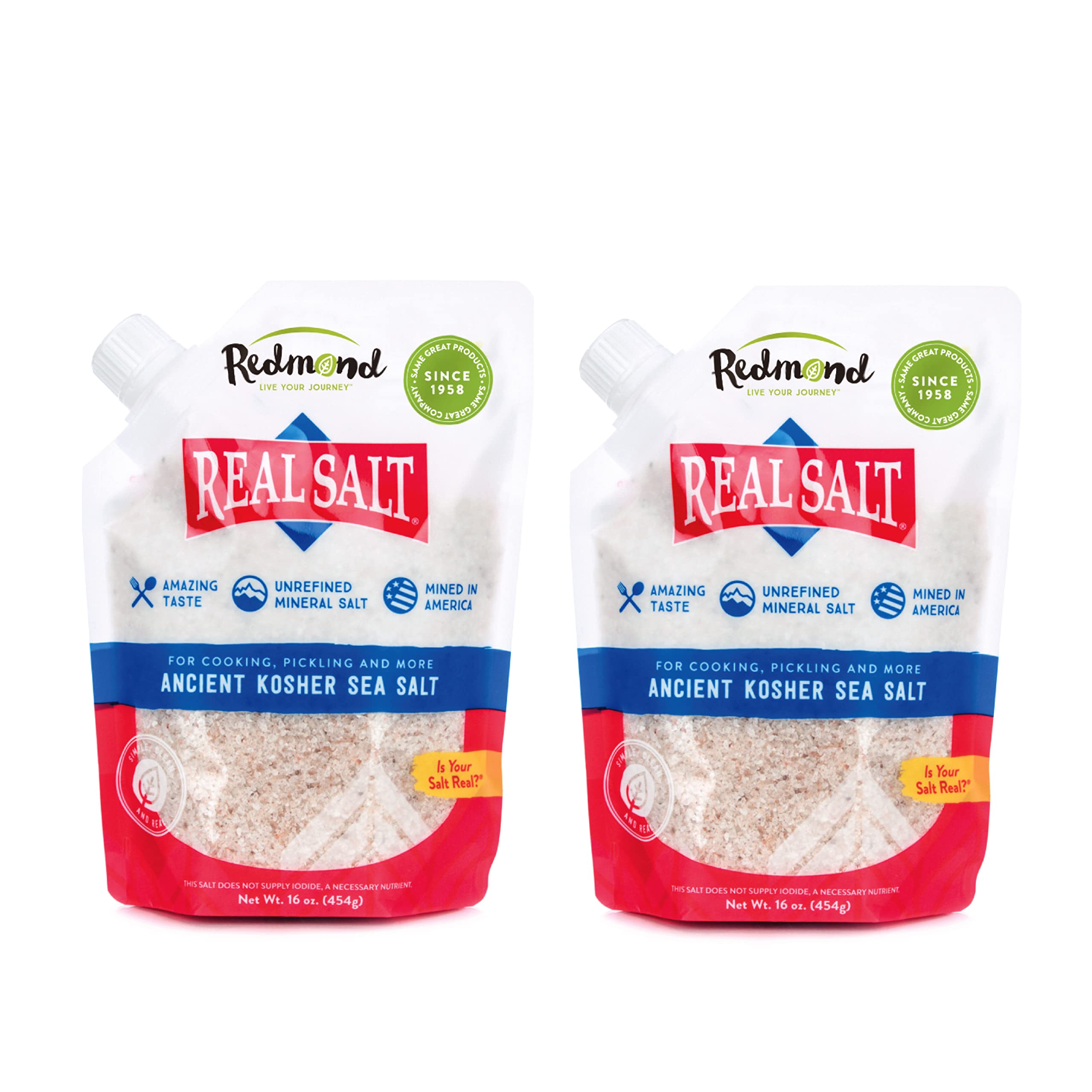 Redmond Real Sea Salt - Natural Unrefined Gluten Free Kosher Salt, 16 Ounce Pouch (2 Pack) - Perfect for Cooking, Baking & Seasoning
