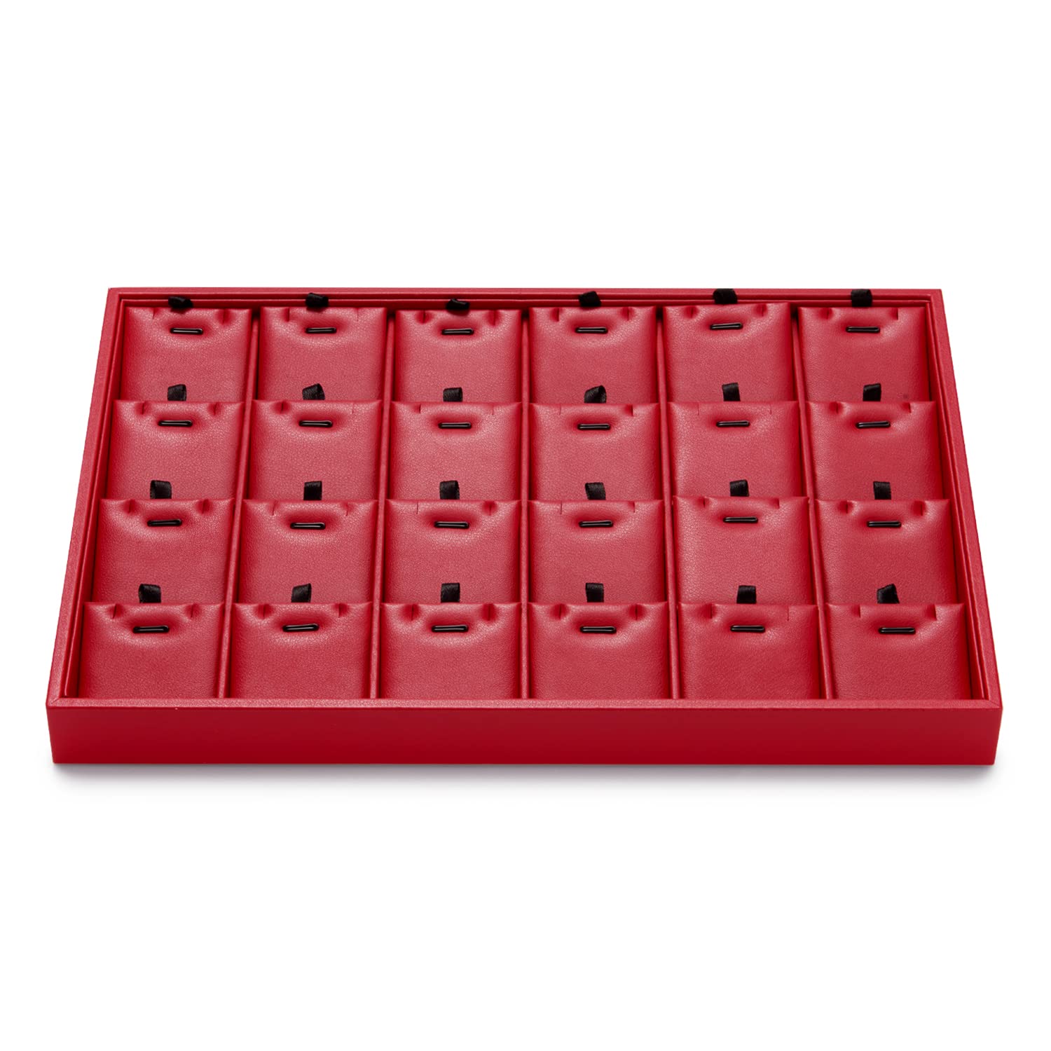 Oirlv 24 Grid Red Leather Jewelry Organizer Tray with Removable Inserts & Stackable Design - Perfect for Necklace, Ring, Earring Storage in Dresser, Vanity & Travel Jewelry Case