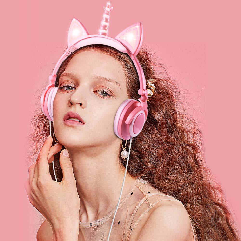 Unicorn Cat Ear Headphones for Kids - Wired On-Ear LED Headphones with 3.5mm Jack for Girls | Perfect for School, Travel & Phone Use