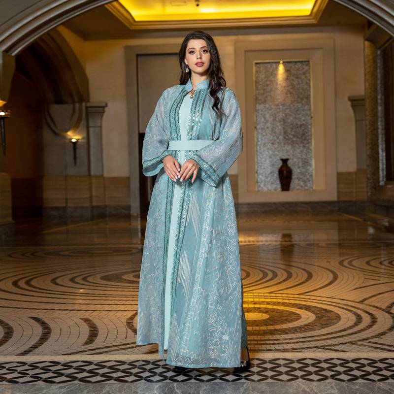 Elegant 2-Piece Eid Dress for Women - Sparkling Sequins Kaftan & Open Abaya Set | Perfect for Eid Celebrations, Weddings & Special Occasions