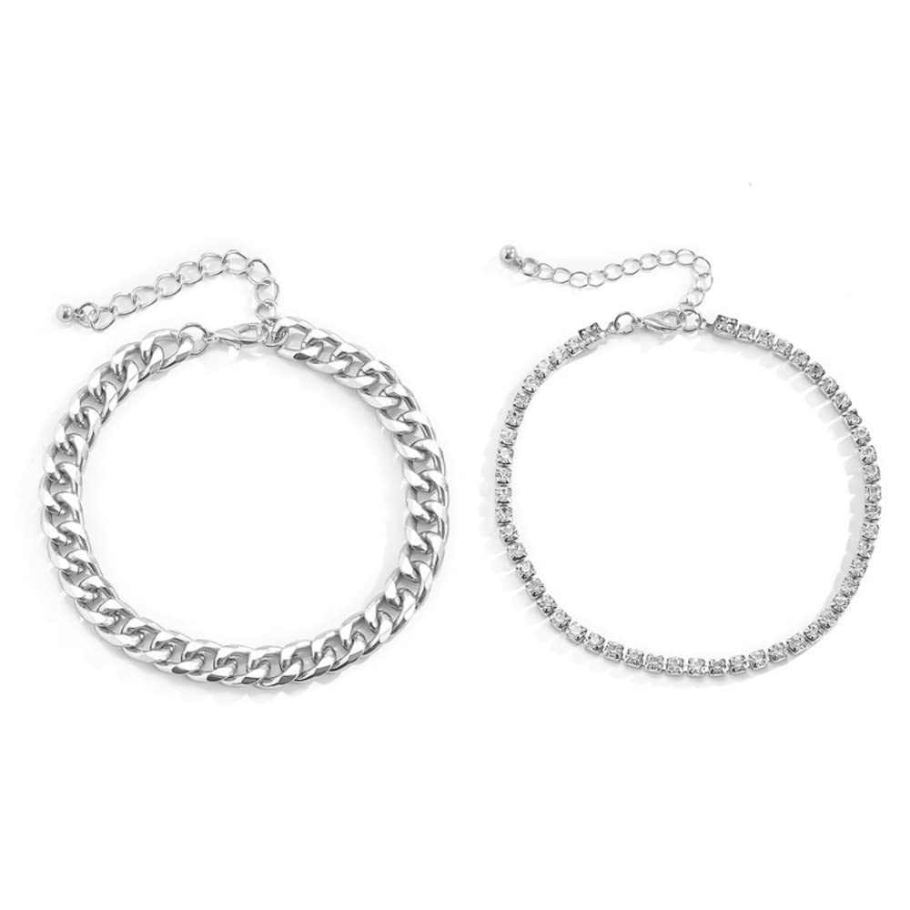 Pingyongchan Layered Tennis Cuban Link Chain Anklets - Shiny Rhinestone Adjustable Ankle Bracelets for Women & Girls | Perfect for Summer Outfits, Beach Vacations & Party Wear