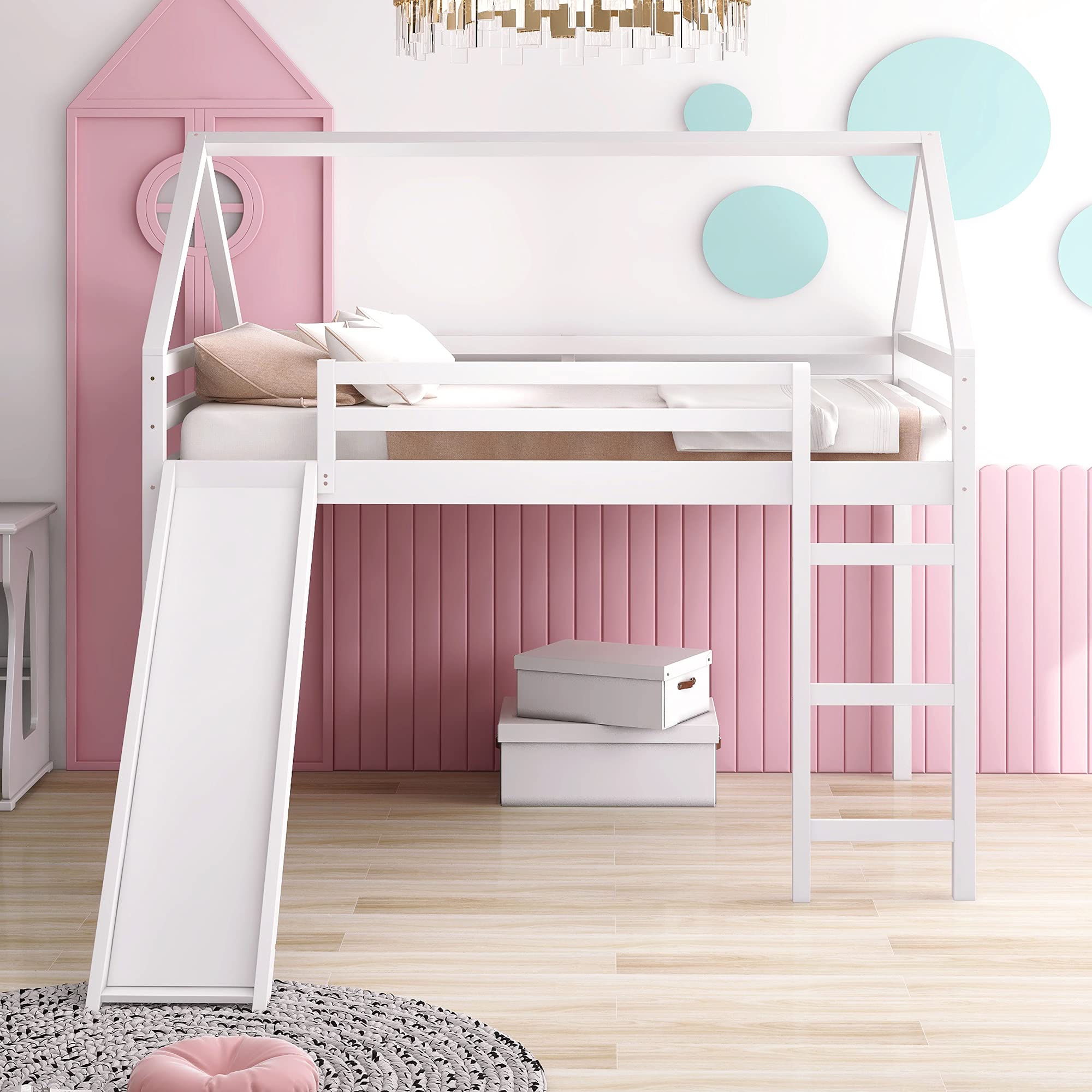 Merax White Wood Loft Bed with Slide & Ladder - Kids Playhouse Bed for Bedrooms