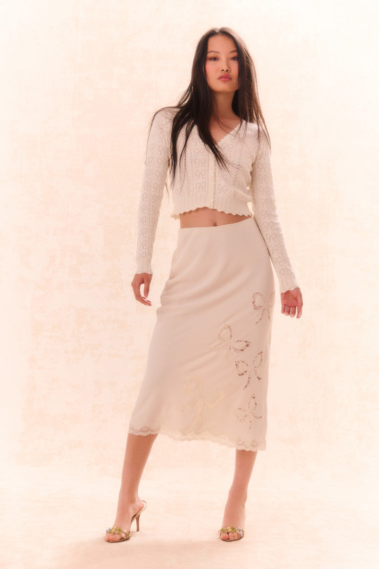 Darion Women's Scallop Lace Bow Midi Skirt - Elegant A-Line Flared Skirt for Spring Summer, Perfect for Weddings, Parties & Date Nights