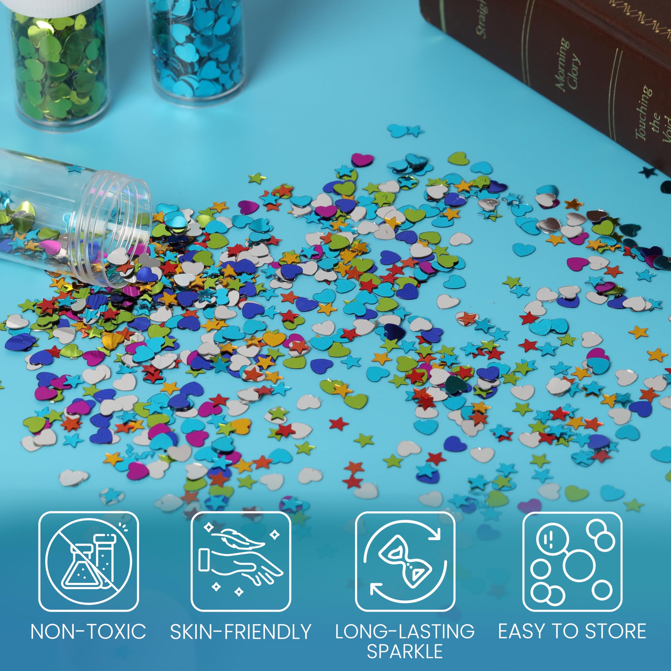 Kurtzy Heart & Star Sequin Pots (24 Pack) - Colorful Glitter Jars for Crafts & Parties