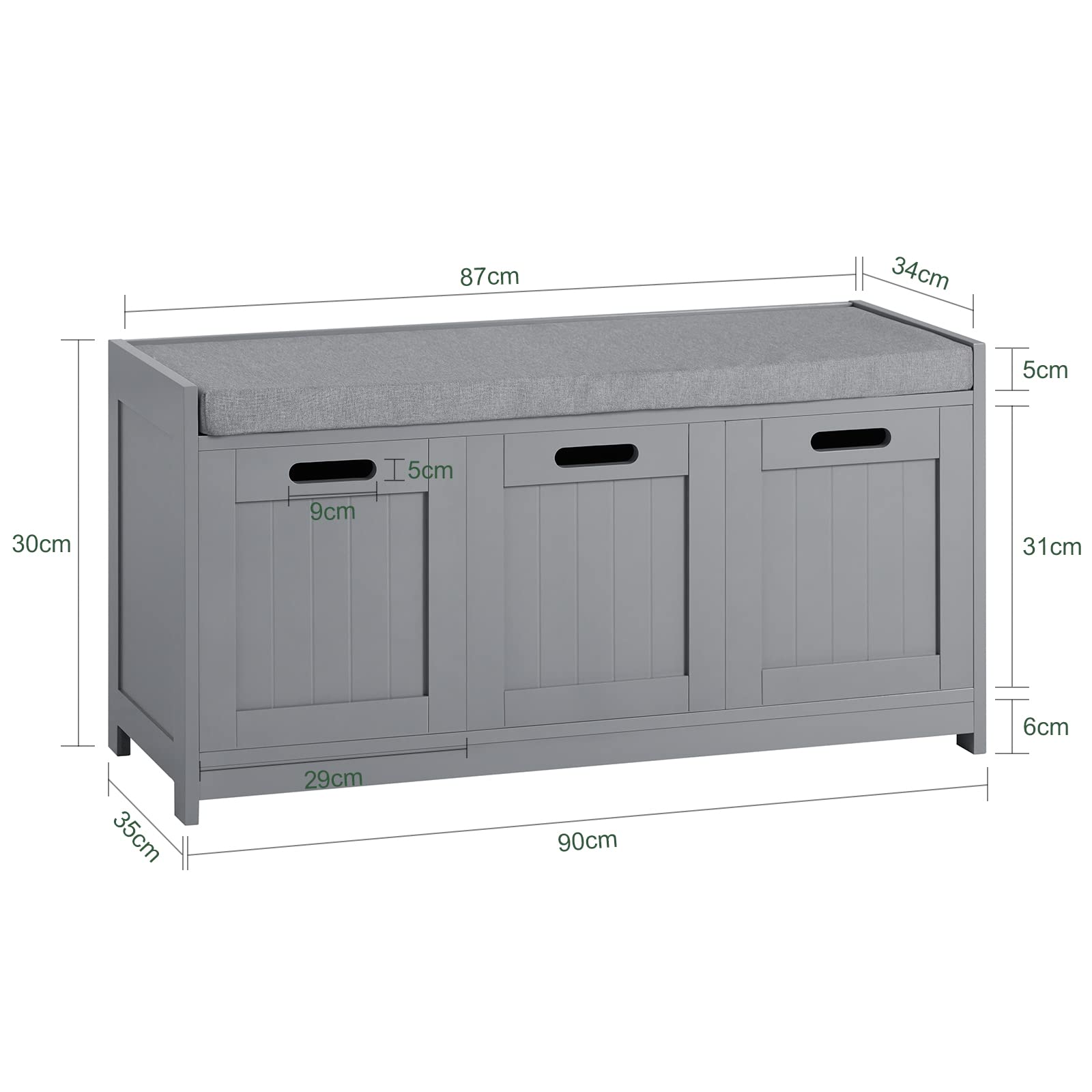 Haotian Storage Bench with 2 Cabinets, 1 Drawer & Removable Cushion - Multifunctional Entryway Shoe Organizer Bench for Hallway, Bedroom, Nursery - Grey FSR80-SG | Perfect for Small Space Organization & Shoe Storage Solutions