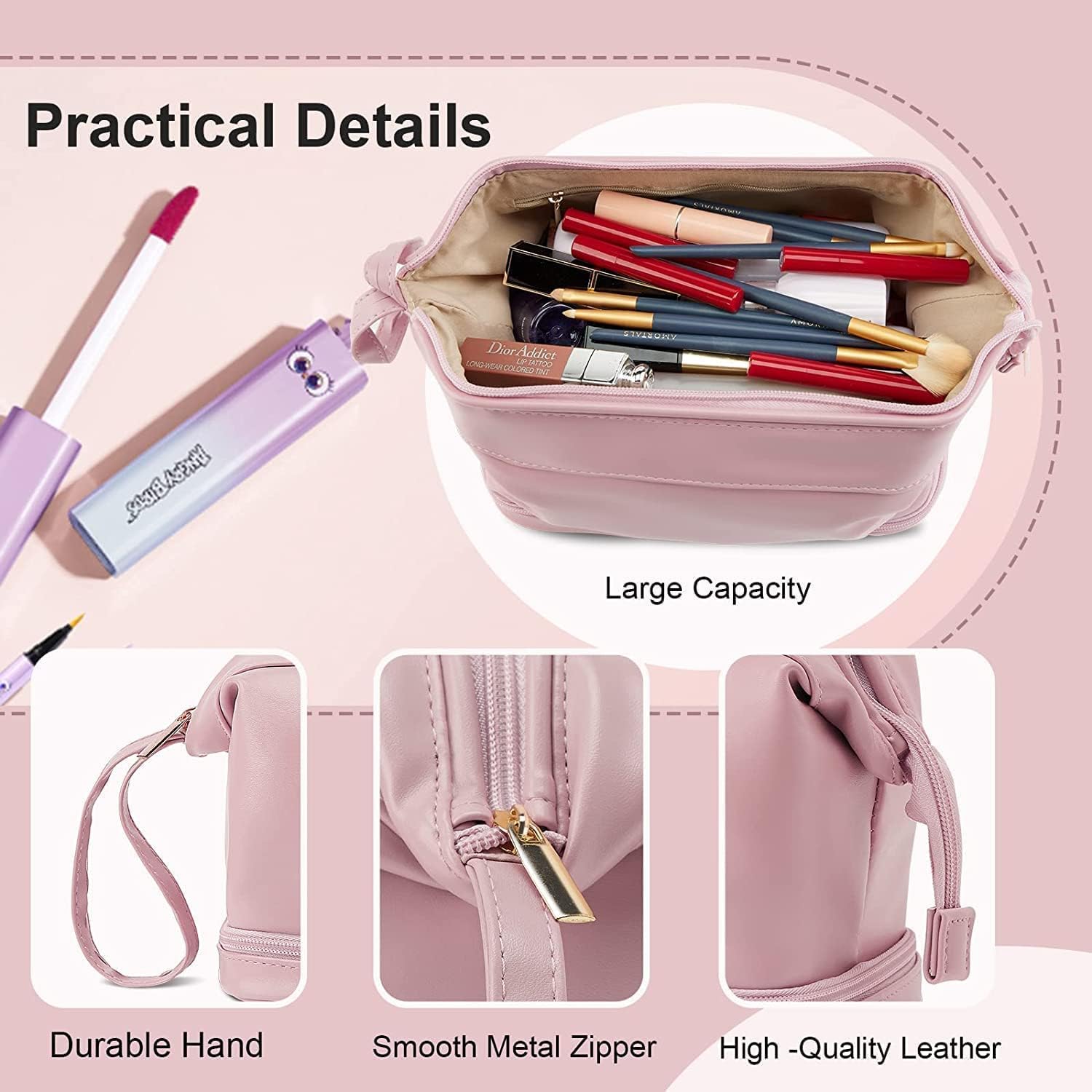 Styxon Travel Makeup Bag for Women - Double Layer Waterproof Leather Cosmetic Organizer with Large Zipper, Portable Toiletry Pouch for Girls (Pink) - Perfect for Travel, Gym, Vacation & Daily Use