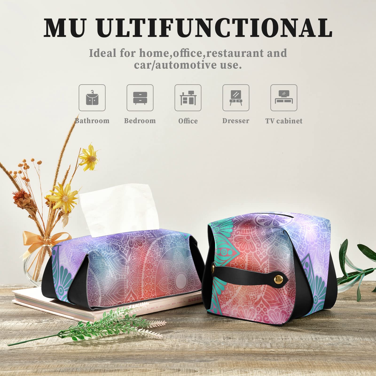 Ethnic Floral Leather Tissue Box Cover - Islamic, Arabic, Indian & Ottoman Style Square Design with Handle for Bathroom, Home, Office & Car (9.4x5.1x3.6 in) - Perfect for Nightstands, Vanity Countertops & Desk Decor
