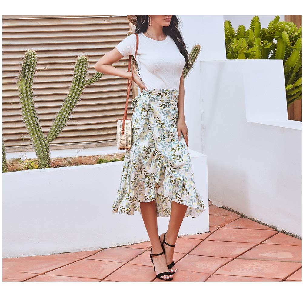 Women's Floral Chiffon Midi Skirt - High Waist Wrap Side Asymmetrical Bohemian Long Skirt for Summer Beach Vacation, Outdoor Date Night & Casual Wear