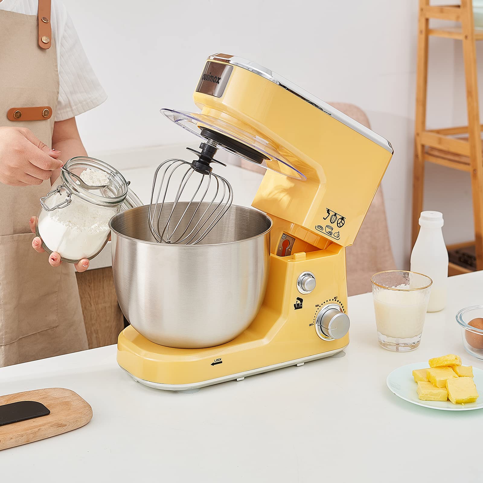 CUSIMAX 5-QT Stand Mixer with Stainless Steel Bowl - Tilt-Head Electric Kitchen Mixer Includes Dough Hook, Mixing Beater & Whisk, Splash Guard in Yellow - Perfect for Baking Cakes, Cookies, Bread & More