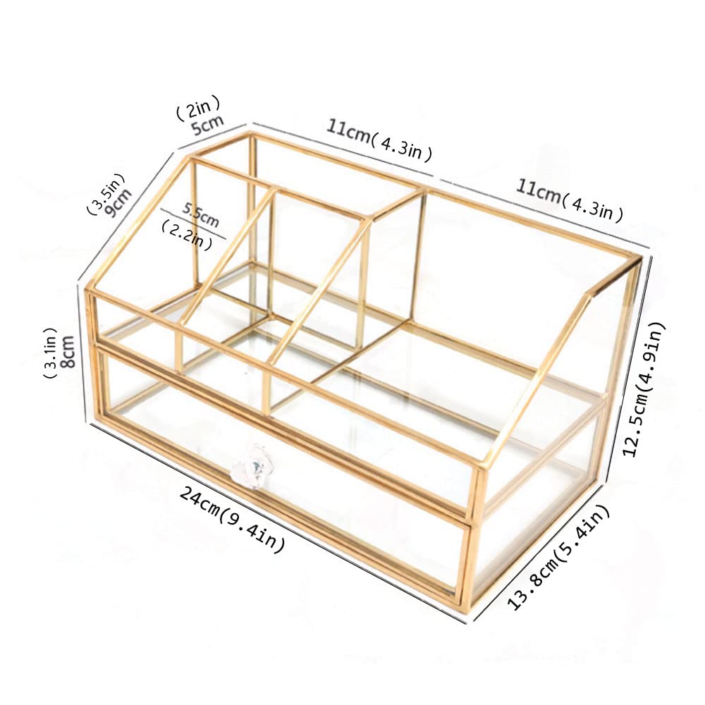 Clear Glass & Brass Metal Cosmetic Organizer - Lipstick Storage Case, Makeup Display Box for Countertop | Bathroom Vanity & Dresser Organizer | Perfect for Cosmetics, Perfumes, and Jewelry Storage