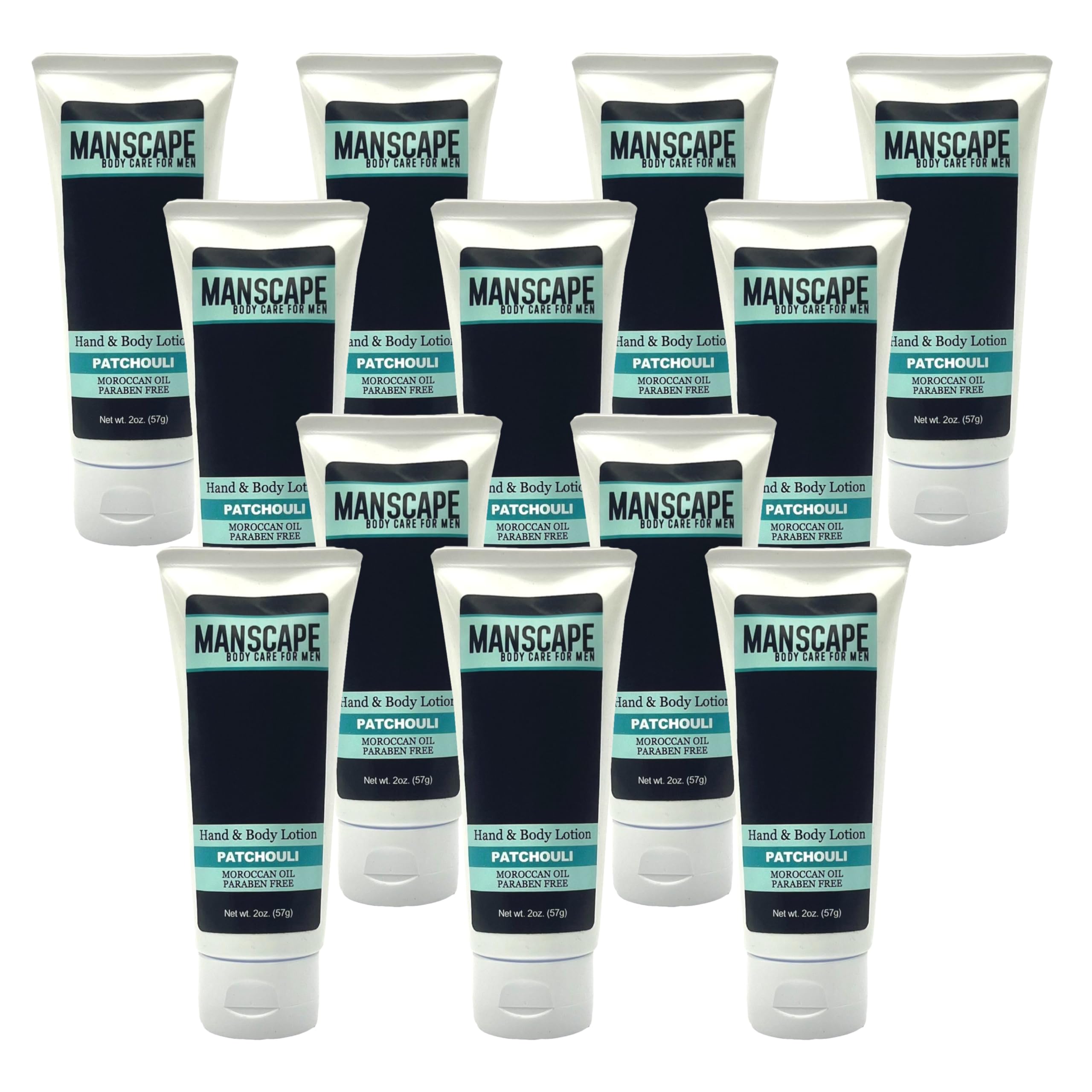 MANSCAPE Hand and Body Lotion - Patchouli Scented Moisturizer with Moroccan Argan Oil, Cocoa & Shea Butter | Paraben-Free, Vegan, Natural Formula | 2oz Travel Size (Pack of 12) | Perfect for Dry Skin Care, Post-Shave Hydration & Daily Body Moisturizing