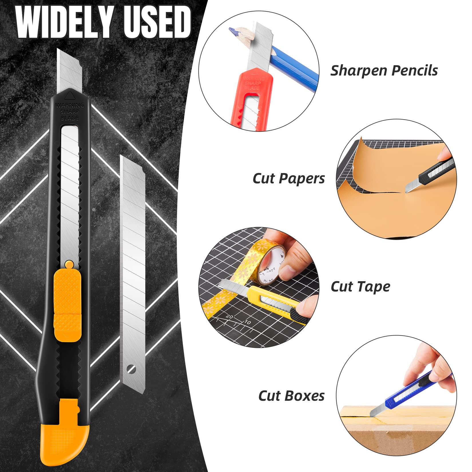 4 Pack Retractable Utility Knife with 9MM Snap-Off Blades - Heavy Duty Box Cutter for Cardboard, Wrapping, Packages - Exacto Knife for Office, Home, School, Warehouse & DIY Projects - Safe Razor Knife for Opening Boxes, Crafts & Shipping Supplies