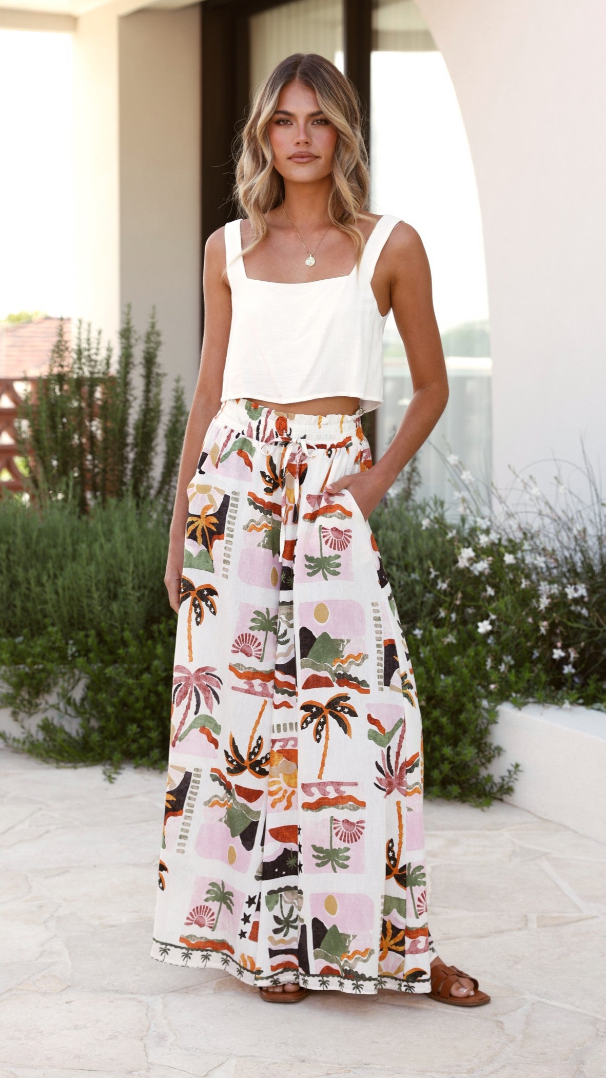 Avery Women's Wide Leg Pants - Desert Palms Print Boho Chic Lounge Pants for Casual Wear, Yoga & Beach Vacation