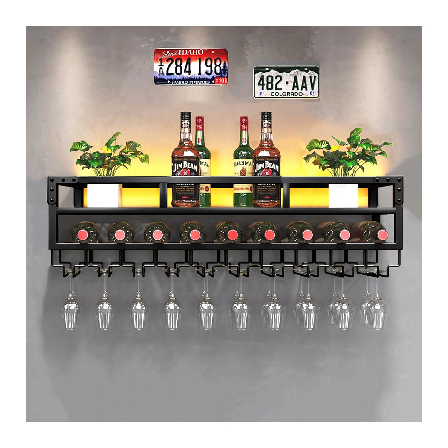 Premium LED Wall Mounted Wine Rack - Industrial Metal Floating Shelf with Glass Holder | Large Wine Bottle Storage Display for Home Bar, Dining Room & Kitchen Decor (Black) | Perfect for Wine Enthusiasts & Entertaining Guests