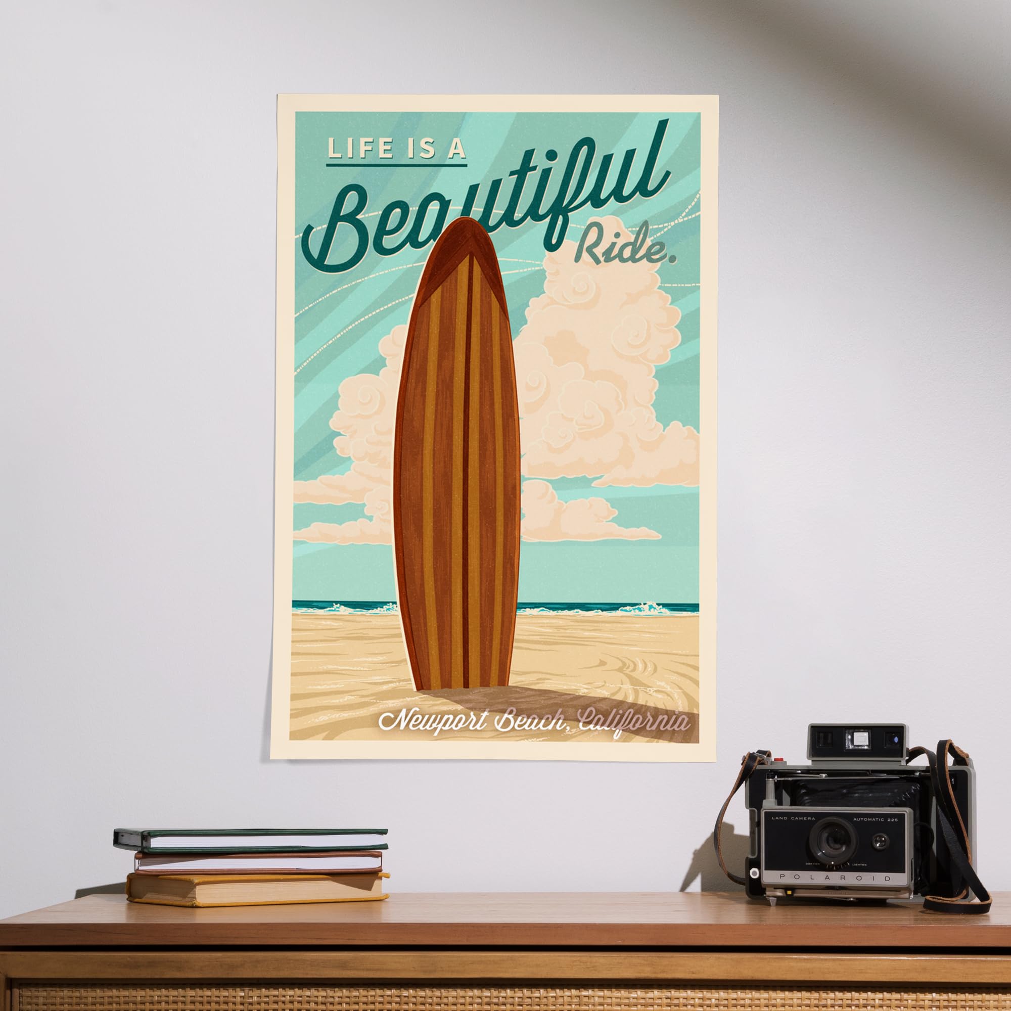 Lantern Press 16x24 Inch Giclee Art Print - Newport Beach California Surfboard Letterpress Wall Decor - 'Life is a Beautiful Ride' Coastal Art for Beach House, Living Room & Office