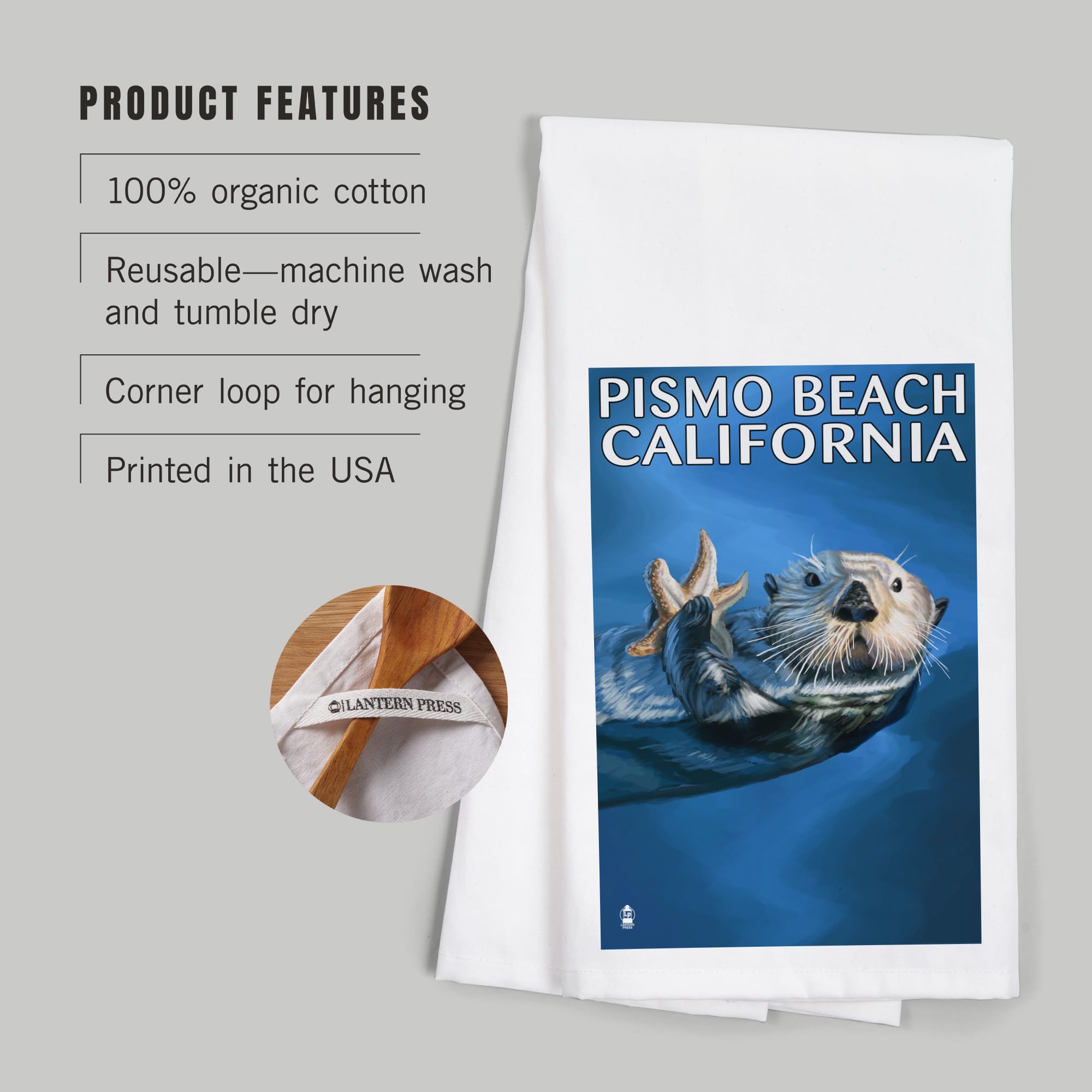 Lantern Press Pismo Beach California Sea Otter 100% Cotton Tea Towel - Decorative Kitchen Hand Towel for Home, Dish Drying & Coastal Decor
