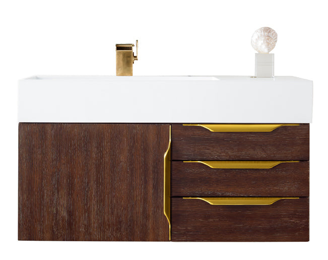 Mercer Island 36 Inch Single Bathroom Vanity in Coffee Oak with Radiant Gold Hardware & Glossy White Composite Top - Perfect for Modern Master Bathrooms and Powder Rooms