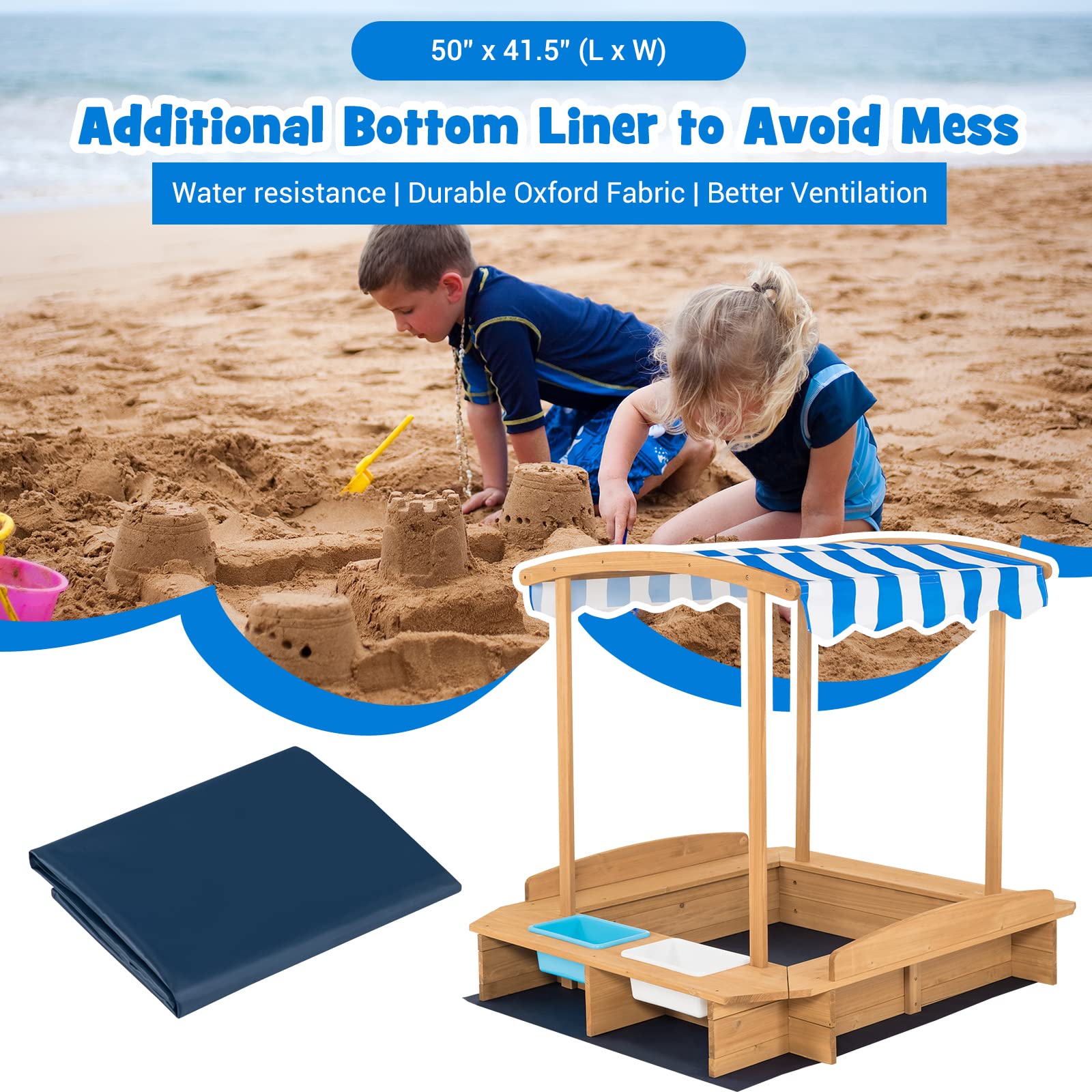 **HONEY JOY Kids Sandbox with Canopy - Outdoor Wooden Sand Pit with Liner, 2 Storage Bins & Built-in Benches - Square Backyard Sandbox for Toddlers & Children - Perfect for Playtime, Sensory Activities & Outdoor Fun**