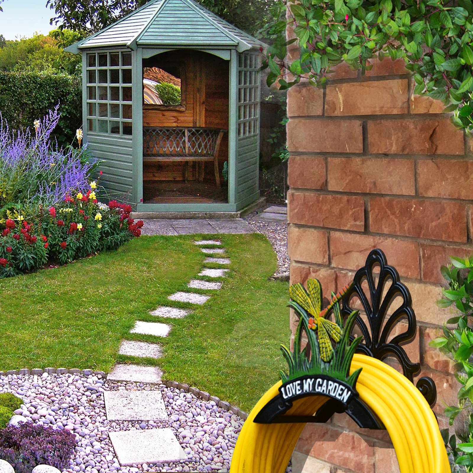Heavy Duty Cast Iron Garden Hose Holder - Wall Mounted Hose Hanger for 50FT 75FT 100FT Water Pipe Storage | Decorative Dragonfly Design | Perfect for Yard, Lawn, and Outdoor Watering Organization