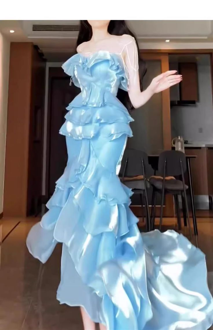 Elegant Mermaid Strapless Sky Blue Ruffles Long Prom Dress J5971 - Perfect for Homecoming, Formal Dances & Special Occasions