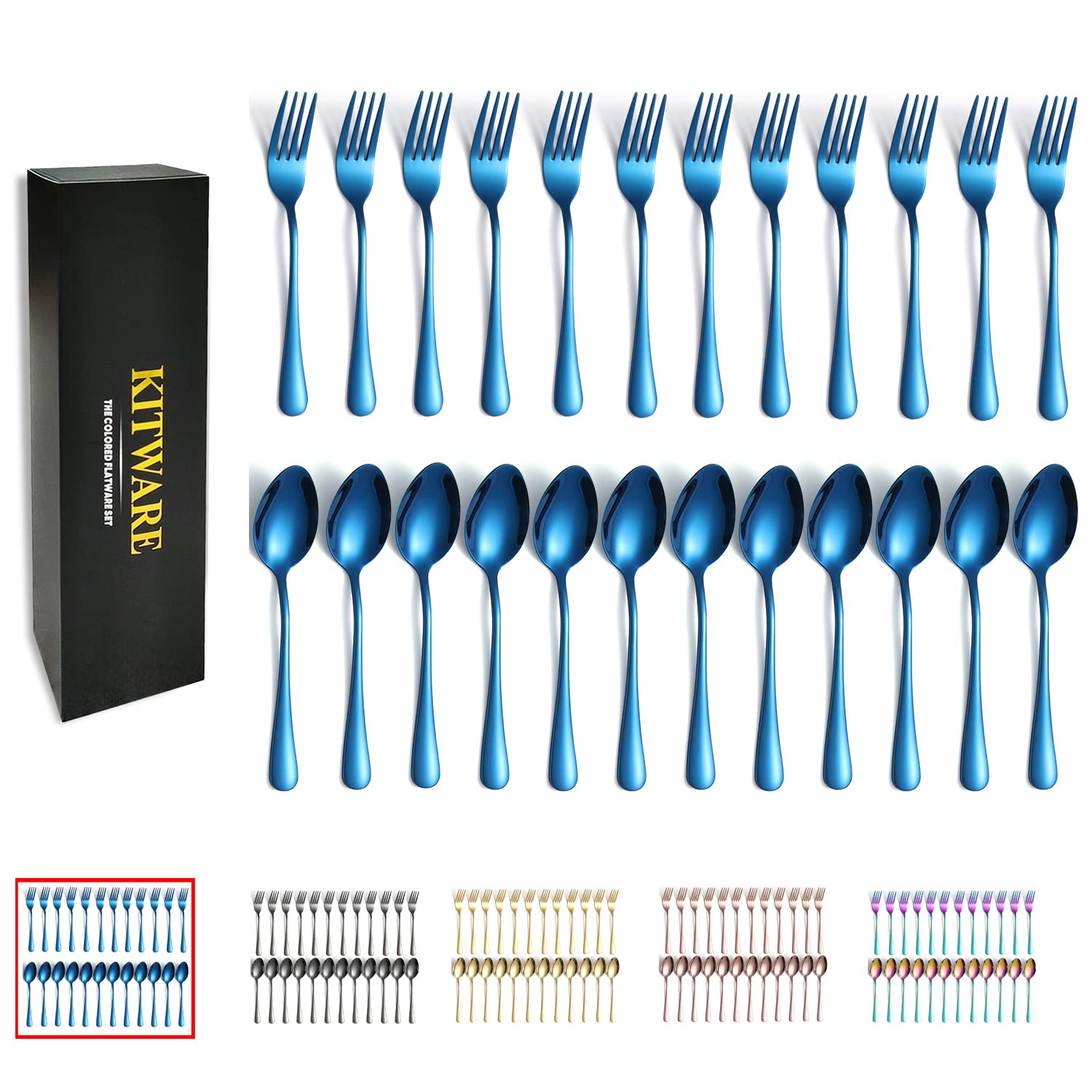 **24-Piece Stainless Steel Flatware Set - Blue Spoons & Forks for 12-Person Service | Dishwasher Safe Cutlery for Home, Travel, Hotel & Restaurant | Elegant Tableware for Dining, Parties & Outdoor Events**