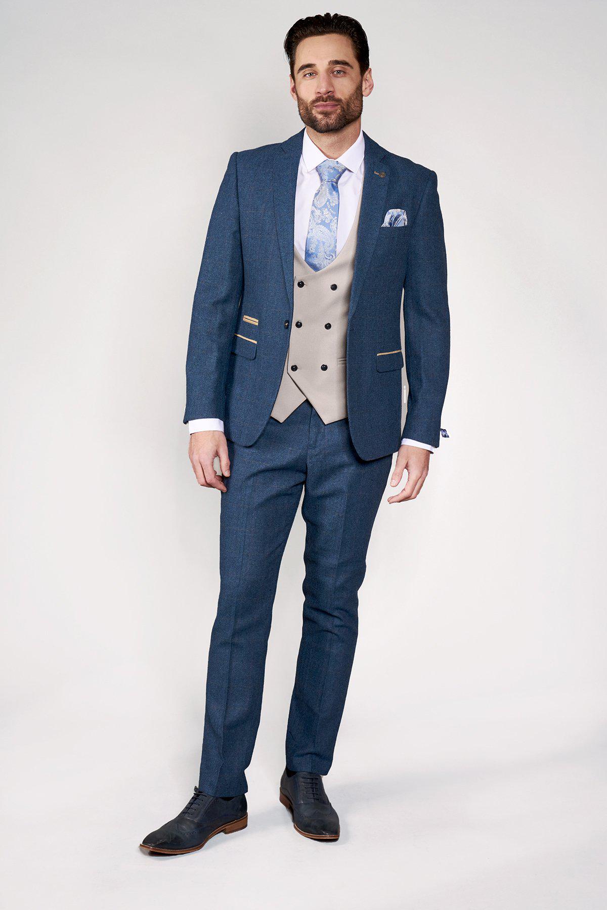 DION Blue Tweed Check Suit with Kelvin Stone Waistcoat - Stylish Men's Formal Wear for Weddings, Business Meetings & Special Occasions