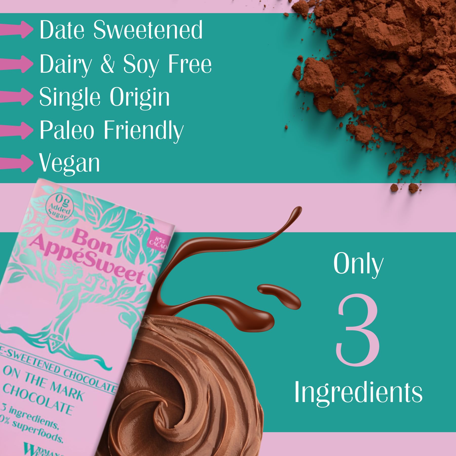 Bon Appesweet Date Sweetened Dark Chocolate Bar - 85% Cacao, Organic, Sugar Free, Vegan, Dairy Free (Pack of 5, 2.2oz) | Healthy Snack for Keto Diet, Weight Loss & Guilt-Free Dessert | Perfect for Gifts, Office Treats & After-Dinner Indulgence